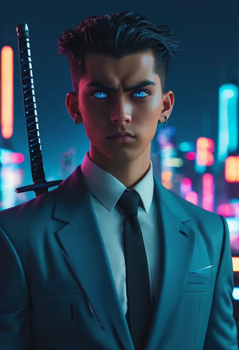 Wide-angle lens, cool, A young man with medium-length black hair in a topknot, blue eyes, There are earrings and sword on the back, Wearing a suit and tie, Stand in front of futuristic cityscape with neon lights and flying cars, The contract with the future demon is clearly visible on his right eye, 8k, cyberpunk