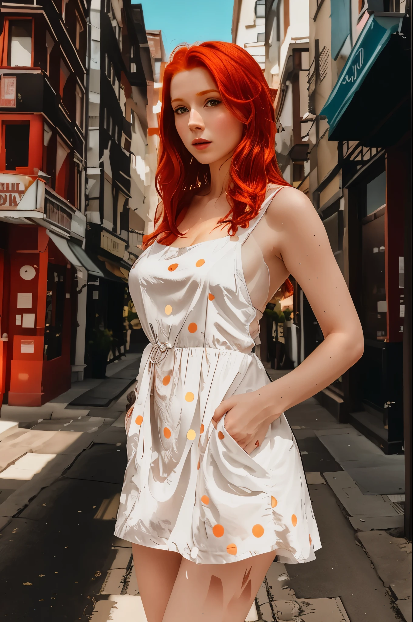 A woman with red hair stands on a city street, cute young Red-haired girl, Red-haired girl, red-haired woman, To the streets, To the streets, 2, 4 year old female model, wear a summer dress, wear a sundress, beautiful red-haired woman, young Red-haired girl in motion, young beautiful amouranth, in a cute white dress, redhead goddess