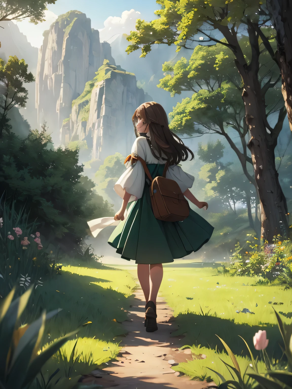 In a green meadow stands a brown-haired girl with a head of'un groupe de chevaliers.
RUPTURE Avec une expression courageuse, elle les guide vers leur destination.
POUR RUPTURE Derrière elle, a green forest'extends, and beyond that, les montagnes s'rise far away.
POUR RUPTURE L'effet le plus approprié pour cette scène serait une technique de peinture à l'aquarelle pour capturer la douceur de la prairie et la fluidité du mouvement..