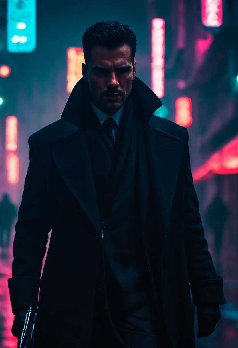 An agent walks down the street,Outlook. Wear an elegant black coat. his lips tightly closed,Eyes are nervous. holding a gun, The situation is dangerous and serious. colored. hazy atmosphere. An atmosphere full of mystery and intrigue. cyberpunk,