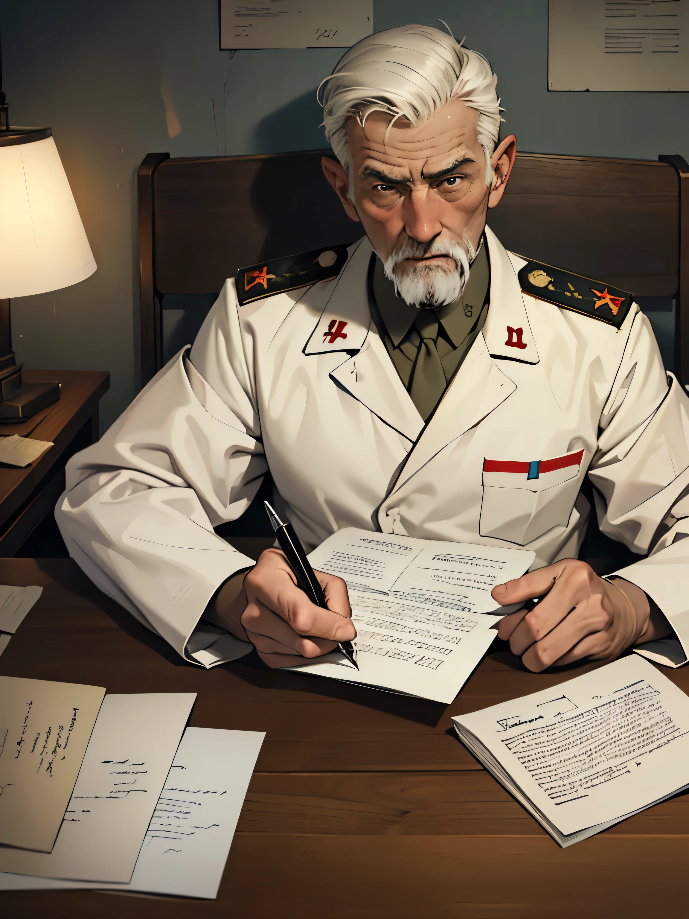 1810s,Field Hospital,dim,Hit by a bullet,Paul,In a hospital ward from the last century,A thin middle-aged man was injured in the war,Wearing former Soviet military uniform on the hospital bed.,Face,a shabby old lamp,A man writes carefully on a white paper with an old pen