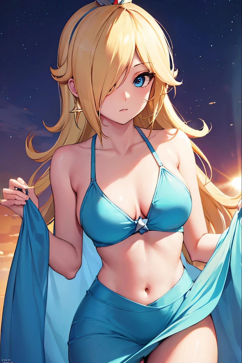 Rosalina, Rosalina, Blonde hair, blue eyes, hair over one eye, long hair, blue bikini BREAK, high waist panties, crown, dress, earrings, jewelry, princess, cape, star earrings, BREAK night, night sky, sky , star \(sky\), star \(symbol\), space, sun, BREAK looking at the viewer, (cowboy photo: 1.5), BREAK (art: 1.2), best quality, high resolution, 8k unity wallpaper , (art: 0.8), (beautiful detailed eyes: 1.6), extremely detailed face, perfect lighting, extremely detailed CG, (perfect hands, perfect anatomy),