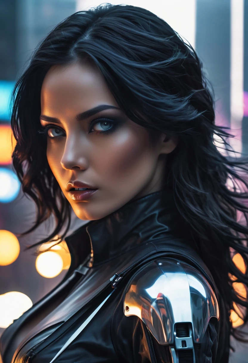 (best quality,4k,high resolution,super detailed,actual:1.37),future female agent, Detailed facial features, intense gaze, shiny black hair, Detailed futuristic silver pistol, chrome metal corset,wearing black coat,, Stylish and well-fitting, dynamic action poses, Light, futuristic city background, neon Lights, Sci-fi atmosphere, strong shadow, smoke and fog, High-tech products, 神秘的Light环