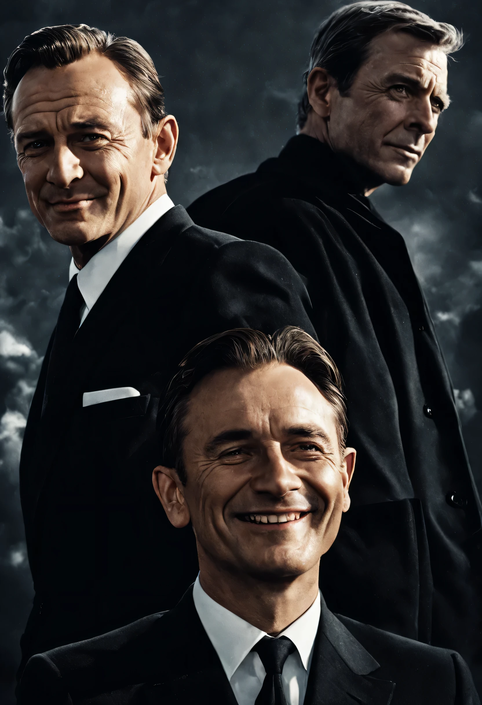 Smiling man in a black suit:There is another man behind the man looking up at him..,cold war,The conflict beneath the smile,On the surface we get along fine、express it in your heart, recognize each other as enemies.,movie poster,nice,James Bond,masterpiece,Award-winning work,,Snazzy,british movies,beautiful light and shadow