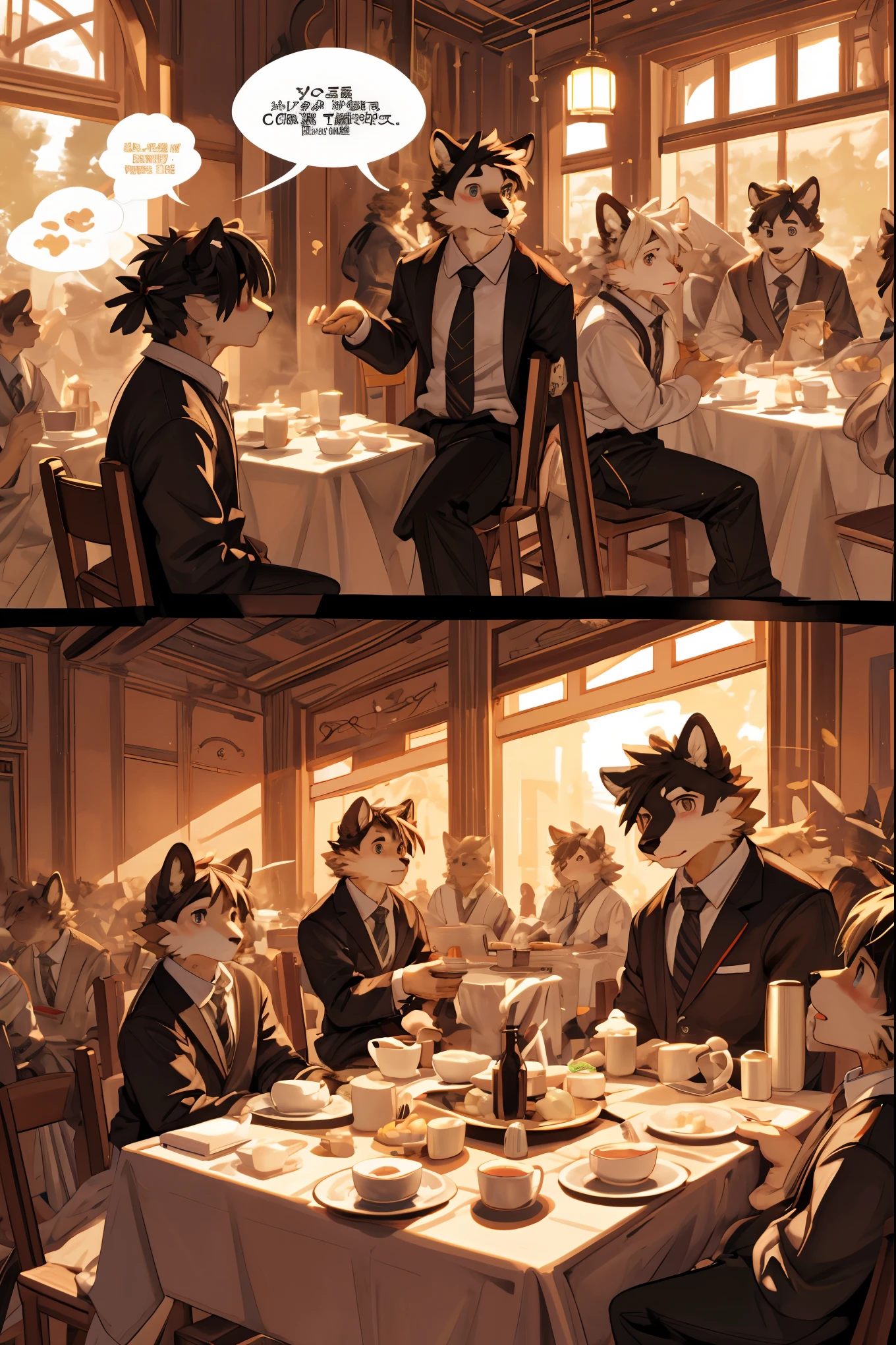 top quality, best quality, highres, masterpiece, super high resolution, detailed background, Casual reutaurant interior, part-time job, waiter, 6+boys, 6+girls, absurdres(highly detailed beautiful face and eyes)perfect anatomy, good lighting, cinematic shadow(kemono, furry anthro)assorted expressions, assorted poses, assorted angles, full body, upper shot, dynamic angle(girls comic-like panel layouts, speech balloon, English text, Hand-drawn sound effects stickers used in girls comic),