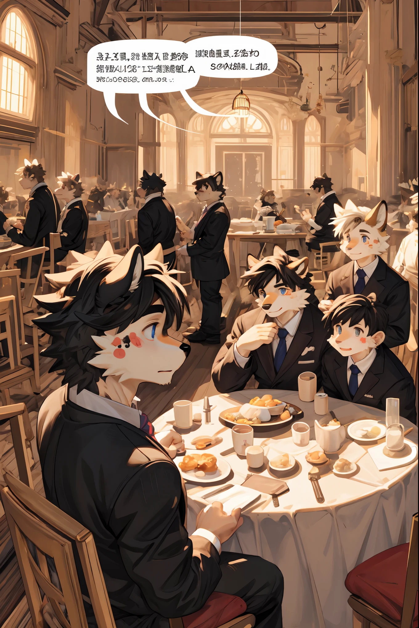 top quality, best quality, highres, masterpiece, super high resolution, detailed background, Casual reutaurant interior, part-time job, waiter, 6+boys, 6+girls, absurdres(highly detailed beautiful face and eyes)perfect anatomy, good lighting, cinematic shadow(kemono, furry anthro)assorted expressions, assorted poses, assorted angles, full body, upper shot, dynamic angle(girls comic-like panel layouts, speech balloon, English text, Hand-drawn sound effects stickers used in girls comic),