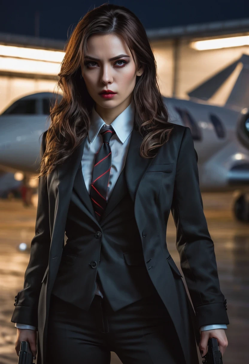 (Wear a black suit、woman wearing tie),dark agent theme, vampre the masquerade,2020s,beautiful female agent, , wearing black coat, Serious, Scary expression, Epic character composition, holding a gun, sharp focus, (subsurface scattering:1.1), Winning photo, Full body image:1.1, In the airport shed at night, Close to private jets, dramatic lighting,