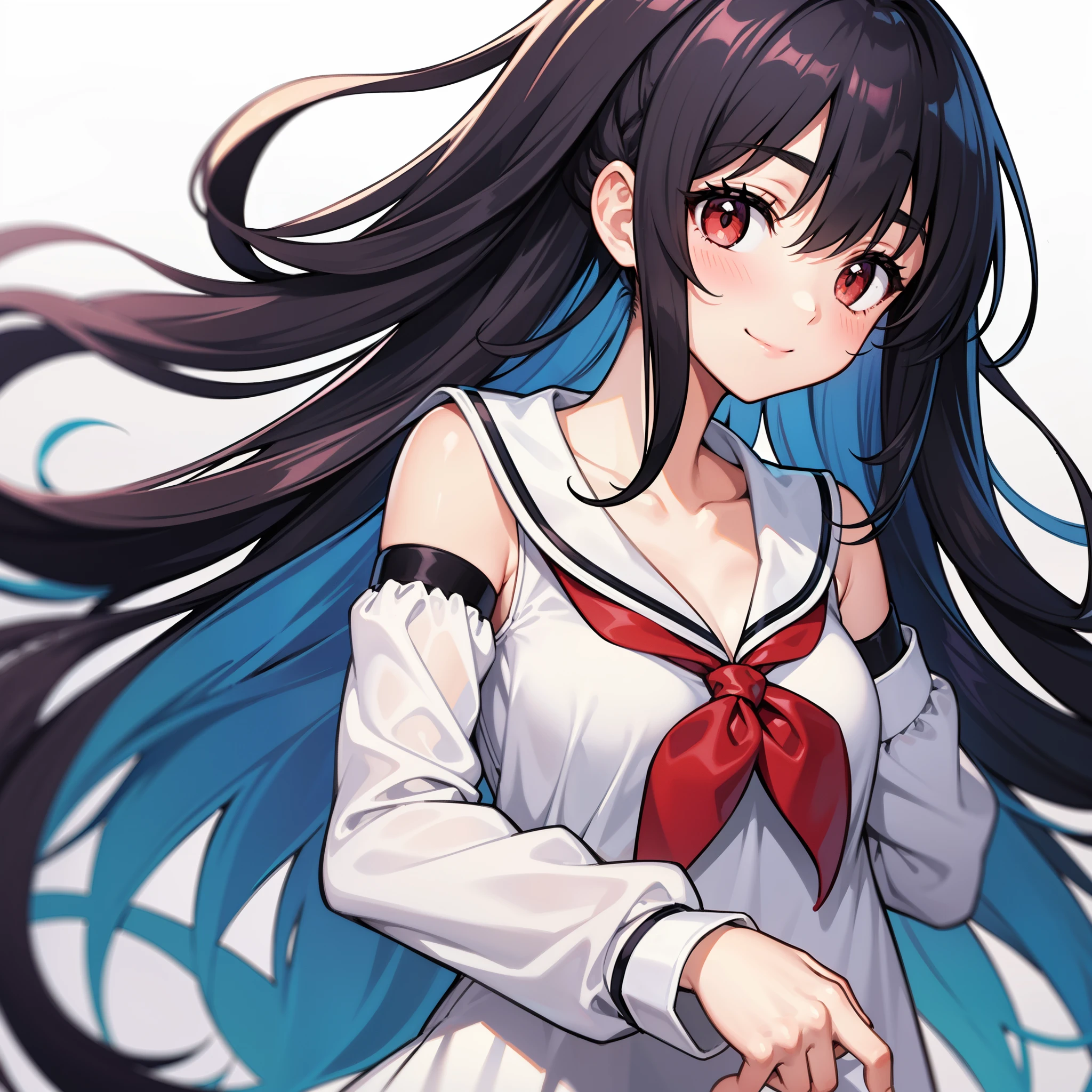 rating:safe, 1girl, long_hair, solo, blue_hair, smile, white_background, brown_eyes, dress, simple_background, closed_mouth, bangs, white_dress, upper_body, looking_at_viewer, blush, eyebrows_visible_through_hair, sleeveless, sailor_collar, collarbone, bare_shoulders, red_eyes, long_sleeves, very_long_hair