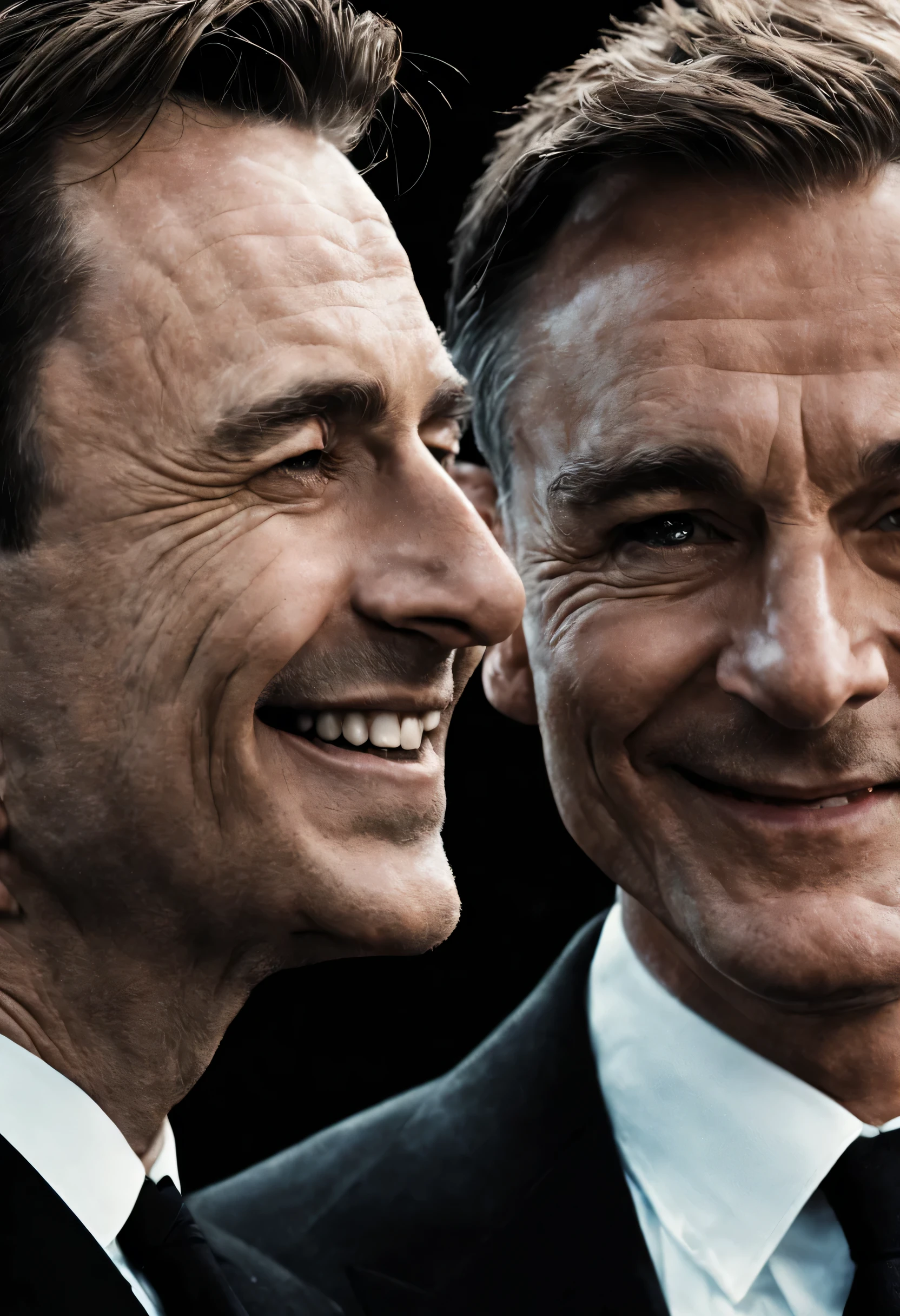 Smiling man in a black suit:There is another man behind the man looking up at him..,cold war,The conflict beneath the smile,On the surface we get along fine、express it in your heart, recognize each other as enemies.,movie poster,nice,James Bond,masterpiece,Award-winning work,,Snazzy,british movies,beautiful light and shadow
