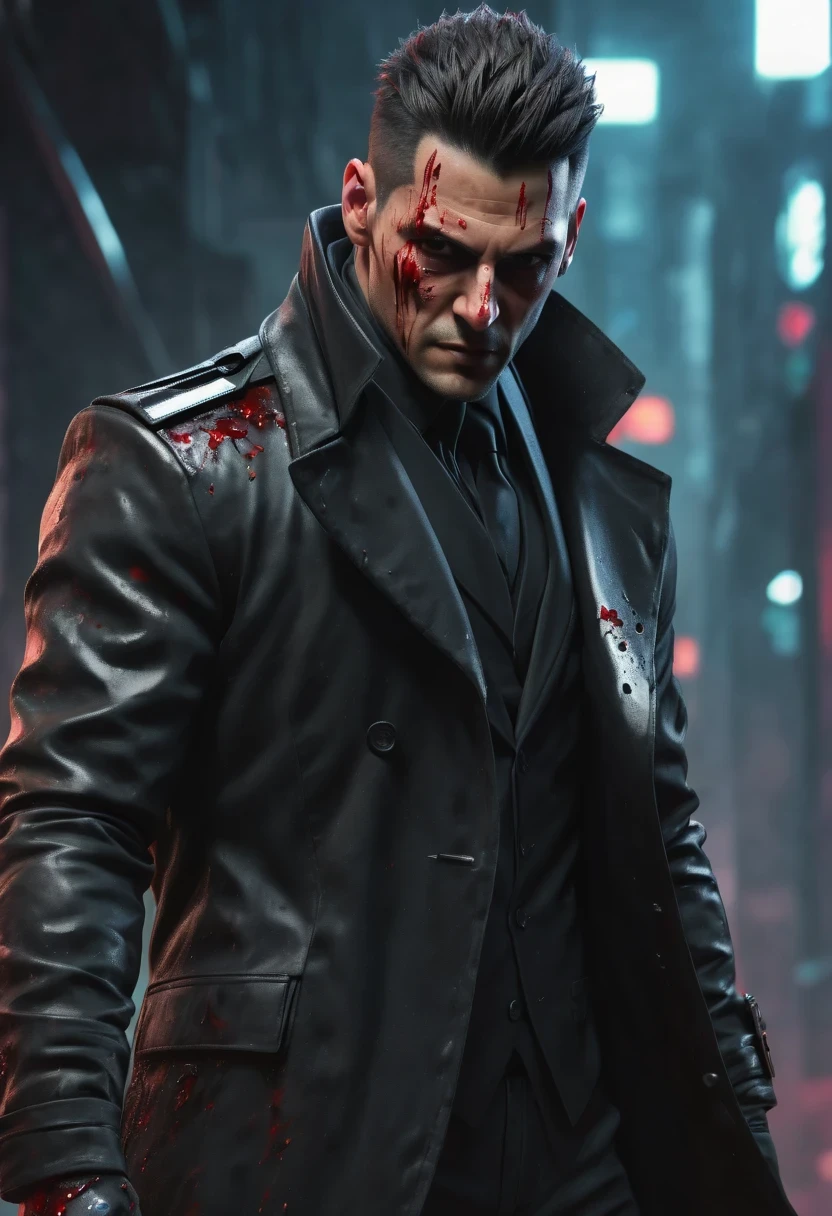 sh4g0d风格赛博朋克特工,Wear an elegant black coat,(Strong dynamic stance:1.5),(struggle:1.3),(blood spatter),Strong,His face is very determined, 8k, super detailed, precise, best quality