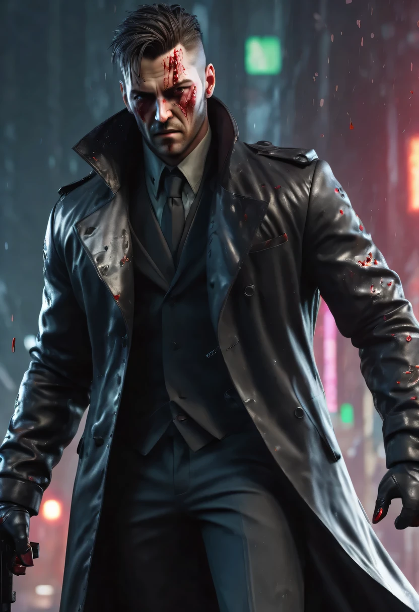 sh4g0d风格赛博朋克特工,Wear an elegant black coat，(Strong dynamic stance:1.5)，(struggle:1.3)，(blood spatter)，Strong，His face is very determined， 8k, super detailed, precise, best quality