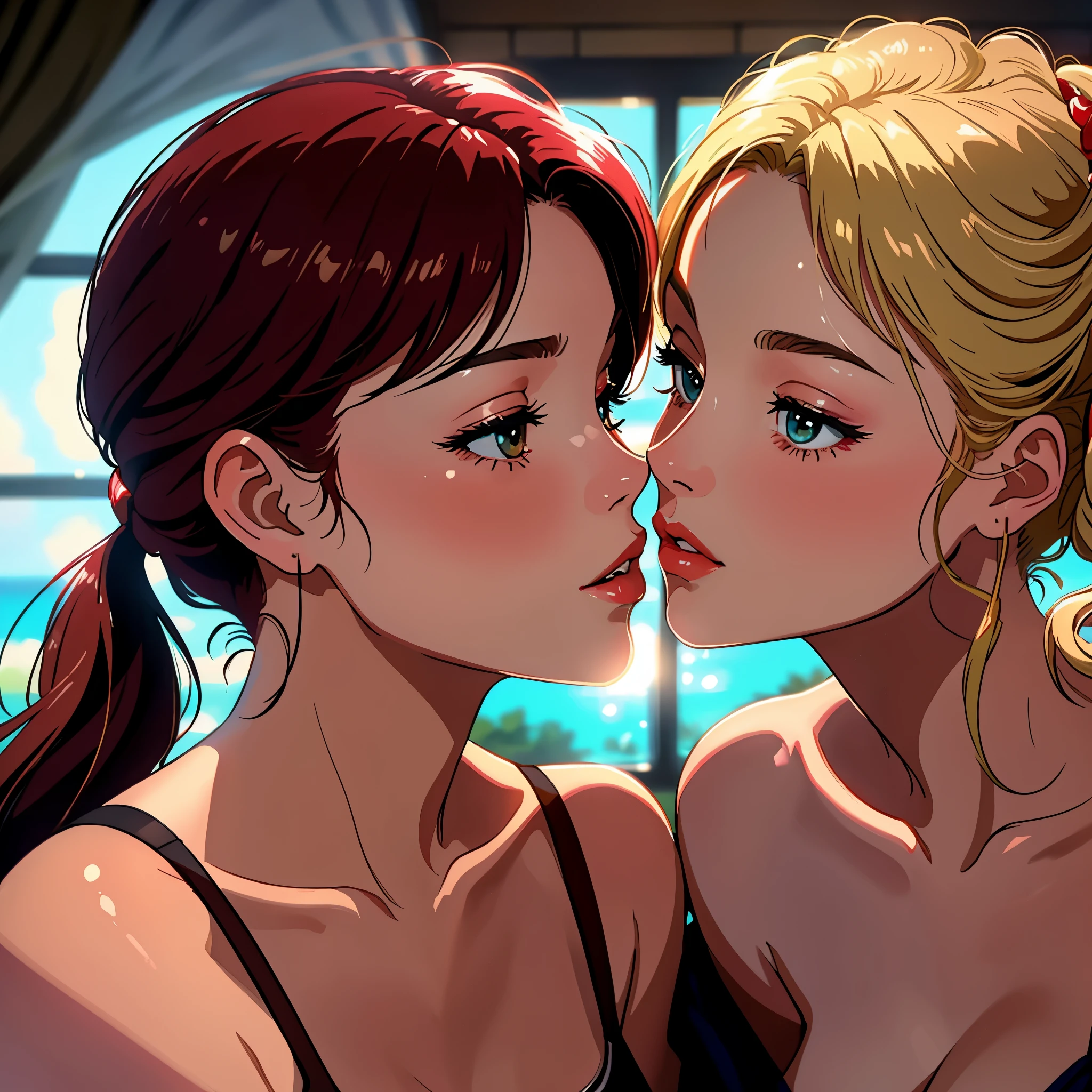 a close up of a woman kissing a woman in a room, netflix, kissing together cutely, kissing, kissing, romantic!!!, high quality film still, kissing together, the kiss, ❤🔥🍄🌪, beautiful, they are in love, hot, kiss, romance, movie, instagram photo, beautiful gorgeous