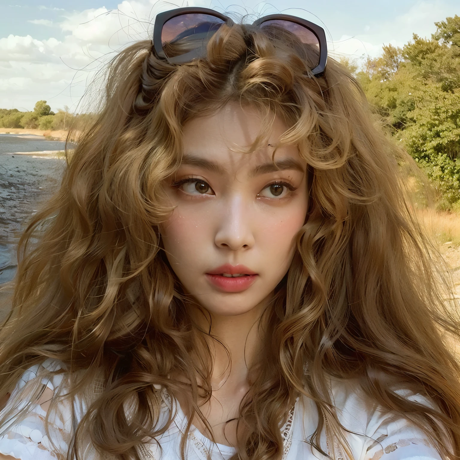 There's a woman with long hair and sunglasses posing for a photo, franja encaracolada, long messy curly hair, pele clara cabelo loiro cacheado, cabelo loiro cacheado | d & d, Charli Bowater, cabelos ondulados espalhados, imogen poots d&paladino, messy curly hair, Kailee Mandel, sem maquiagem cabelos ondulados, corte de cabelo cacheado com parte do meio