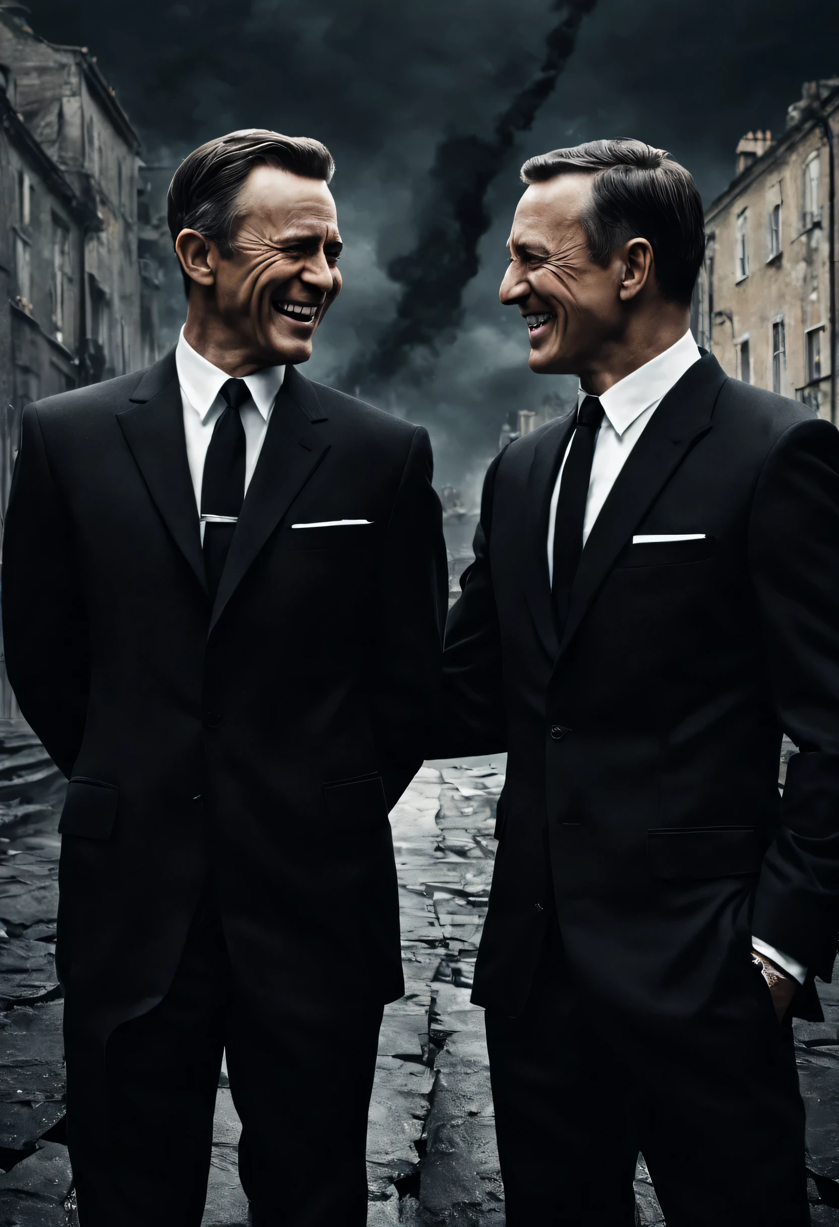 Smiling man in a black suit:There is another man behind the man looking up at him..,cold war,The conflict beneath the smile,On the surface we get along fine、express it in your heart, recognize each other as enemies.,movie poster,nice,James Bond,masterpiece,Award-winning work,,Snazzy,british movies,beautiful light and shadow