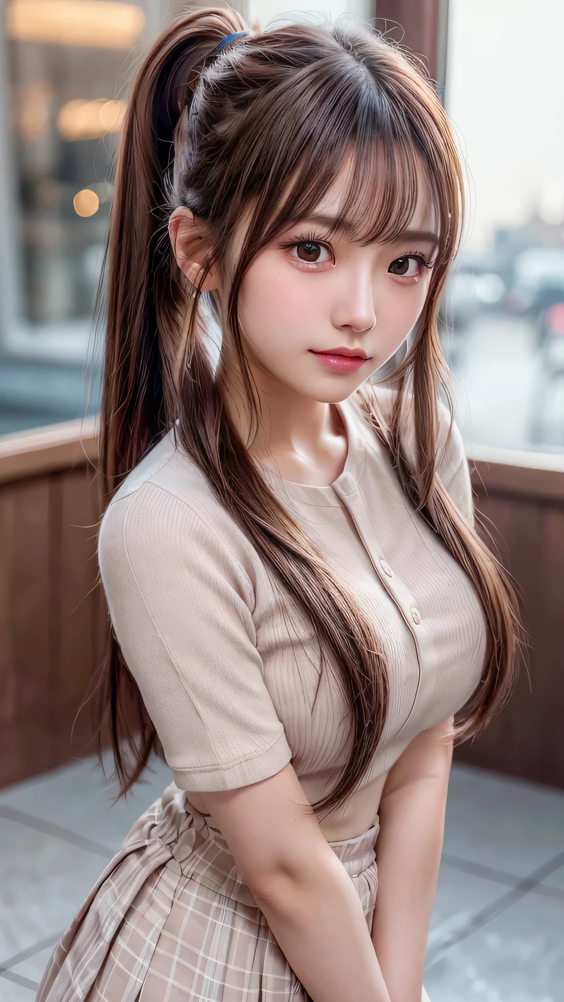 blush,,small breasts,winter,european cityscape,long hair ponytail,winter clothes,plaid shirt,long skirt,close up of face,((8K, Raw photo, best quality, muste piece:1.2), (Reality, photorealistic:1.4), (Highly detailed 8K wallpaper), Depth of the bounds written, cinematic lighting, soft light, detailed beauty eye,Shiny and smooth light brown ponytail, asymmetrical bangs, shiny skin, super detailed skin ,high resolution, high detail, detailed hairstyle, detailed beauty face, hyper real, perfect limbs, perfect anatomy ,1 Japanese girl,famous japanese idol, perfect female body,shy smile,short eyelashes,double-edged eyelids,look straight here,Hair style is ponytail,