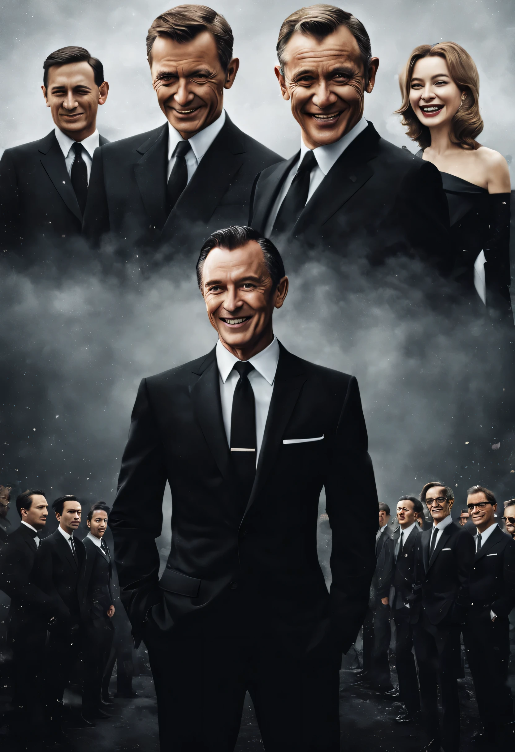 Smiling man in a black suit:There is another man behind the man looking up at him..,cold war,The conflict beneath the smile,On the surface we get along fine、express it in your heart, recognize each other as enemies.,movie poster,nice,James Bond,masterpiece,Award-winning work,,Snazzy,british movies,beautiful light and shadow