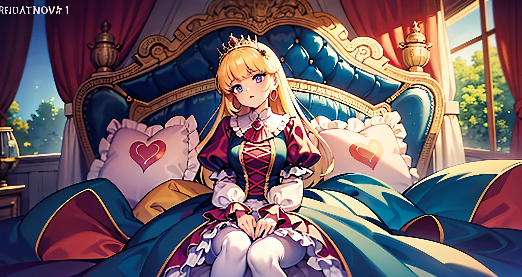,highest quality, masterpiece, highest resolution, artwork, super それにget used to it, many get used to it, get used to it, それにget used to it, 3K anime illustration,,(( When I was 10 years old)),Super detailed baby face,She is a princess,Full length ball gown dress with hoop skirt,ruffled yoke collar,puff sleeves,long sleeve,((Lolita style hot pink detailed princess satin dress、Comes with lots of frills and ribbons。)),colorful rococo fashion,shiny satin dress,Soft and smooth fabric,luxury,long blonde hair,blue eyes,white skin european,pajamas,((inside the palace)),,,(( When I was 10 years old)),Super detailed baby face,Full length ball gown dress with hoop skirt,long skirt,ruffled yoke collar,puff sleeves,腰まで伸びるlong blonde hair,blue eyes,white skin european,pajamas,((inside the palace bedroom)),ピンクのシルクサテンのluxuryなcanopy bedの上,canopy bed,luxurious curtains under the canopy,many frilly pillows on the bed,super detailed background,detailed bed,silk satin bed sheets,soft silk satin comforter,Soft silk satin ruffled pillow in pastel colors,little princess is sitting on the bed,legs are hidden in the dress,Don't put your feet out to the side,Beautiful girl illustration,detailed beautiful face detailed hair,detailed human eye ,detailed mouth, arm details,fine hands,Detailed pillow,Frilly pillows piled up behind the girl,