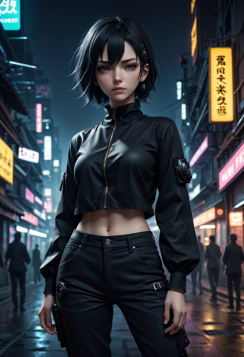 anime heroine. Pants, Black, clothes Black, mystery
. unique and original
. Unconventional and non-conformist
. ambitious、far-sighted
. Sophisticated and refined;
. impressive and majestic
. Calm and composed
. Serious and reserved
. silent and reserved) Super detailed, high resolution, Super detailed, best quality, amazing, top quality, Extremely detailed CG unified 8k wallpaper, Light, cyberpunk, - automatic