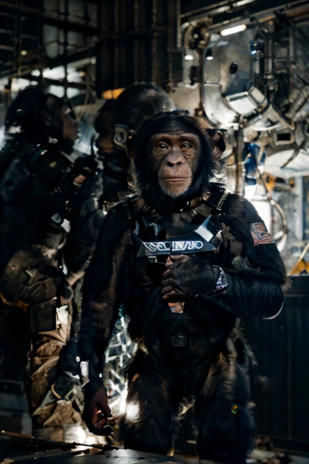 a female chimpanzee in a space suit working in a space ship under construction, futuristic space shipyard, robots working with a female chimpanzee in a space suit