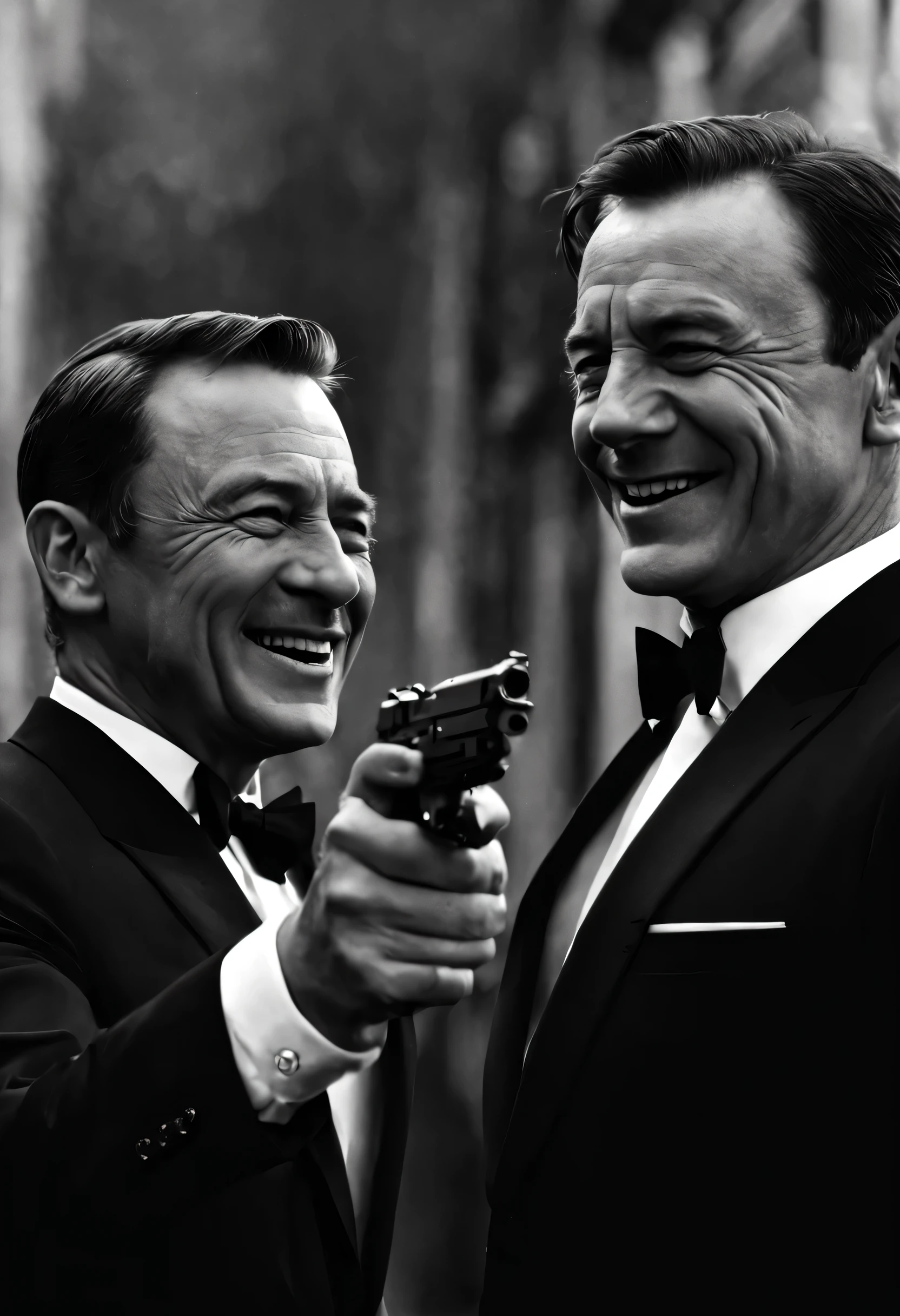 wearing a black suit, Facing each other and smiling２people々&#39;men men,point pistols at each other&#39;chest of,cold war,The conflict beneath the smile,On the surface we get along fine、express it in your heart, recognize each other as enemies.,movie poster,nice,James Bond,masterpiece,Award-winning work,