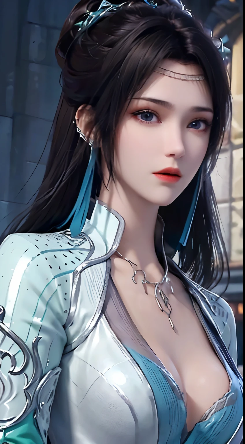 1 beautiful girl wearing Hanfu, Blue thin silk shirt，There are many white patterns, White lace, Purple black long ponytail, hair accessories, earring, Necklaces and Necklaces, Carefully drawn big blue eyes, Detailed makeup, thin eyebrows, high nose, Red lips look good, no smile, Pouting your lips, red face, breast enlargement, huge breasts, Well-proportioned breasts, slim waist, Color fishnet stockings blue, let go, Chinese Hanfu style, fictional art texture, Vivid and realistic colors, original photo, Realistic photos, Ultra-high quality 8k hyper-realistic photos, (Excellent lighting effects) Astonishing: 1.8), 10x pixels, magic effect (background): 1.8), super detailed eyes, girl upper body, girl portrait, Girl Alone, 汉服的background,