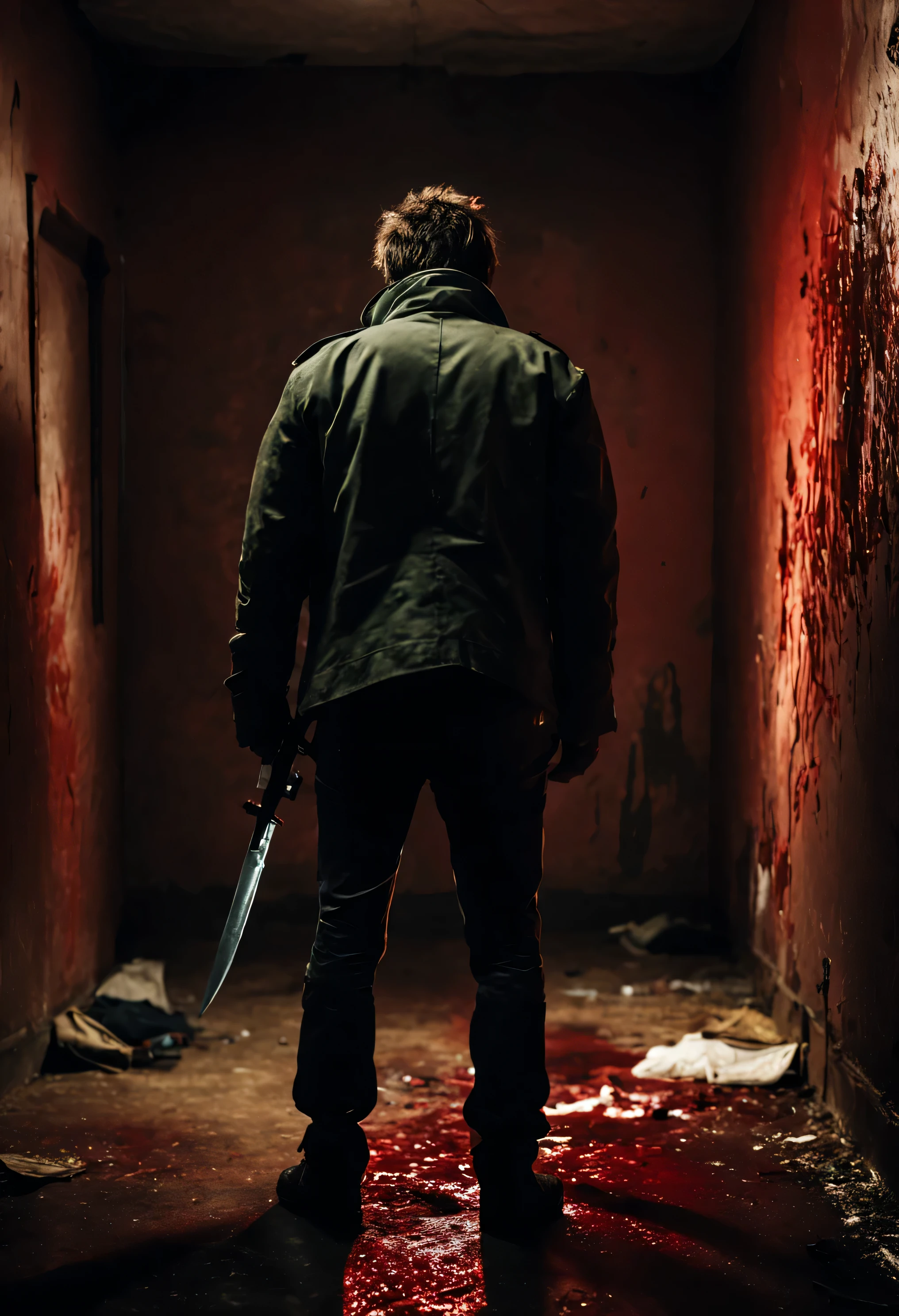 man from behind wearing jacket, hold knive weapon, dark abandoned room, blood on wall and floor, red, serial killer, grimmy, shadow devil eyes 