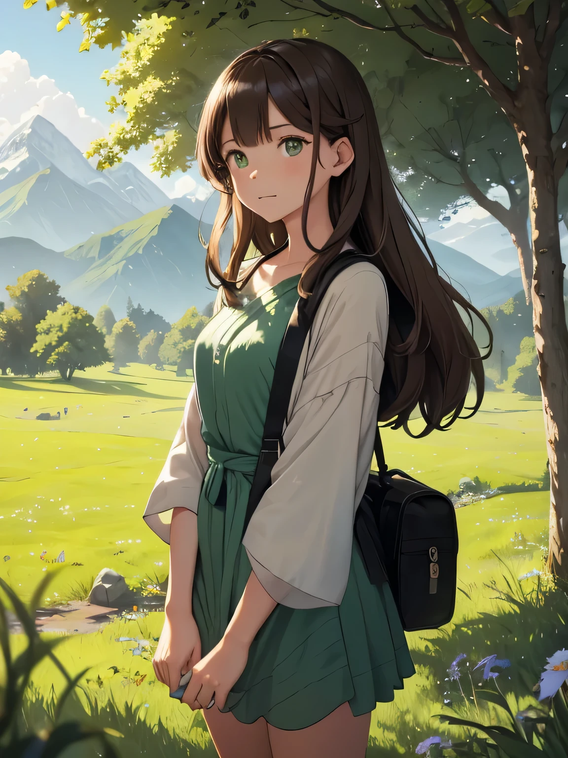 In a green meadow stands a young girl with brown hair having a picnic.
RUPTURE Avec une expression courageuse, elle les guide vers leur destination.
POUR RUPTURE Derrière elle, a green forest'extends, and beyond that, les montagnes s'rise far away.
POUR RUPTURE L'effet le plus approprié pour cette scène serait une technique de peinture à l'aquarelle pour capturer la douceur de la prairie et la fluidité du mouvement..