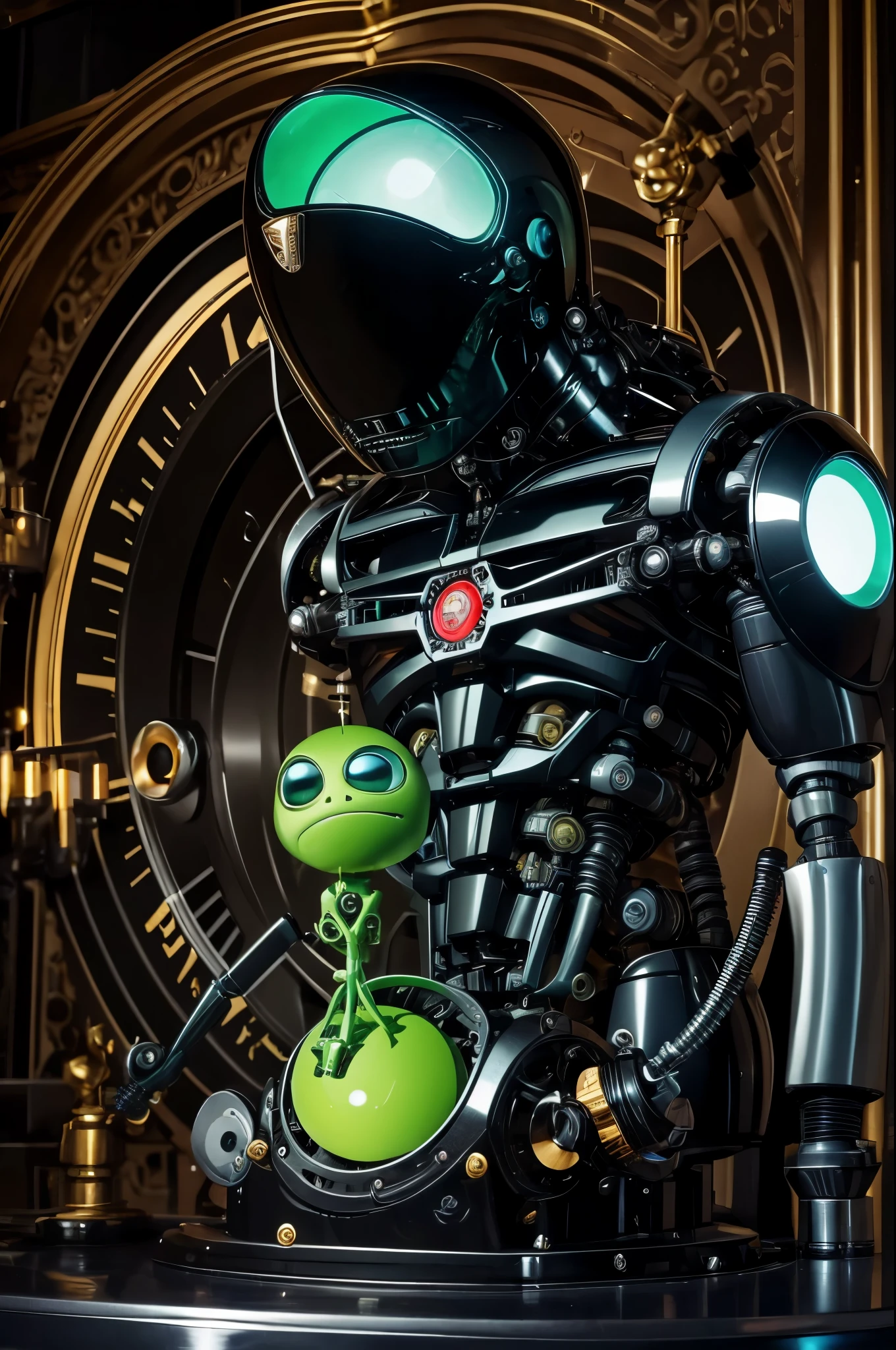 James Bond is actually a clock work robots with mechanical joints and seams, a little green alien sits in Bond's open skull operating the levers and dials to control Bond. Set in a fancy ball room