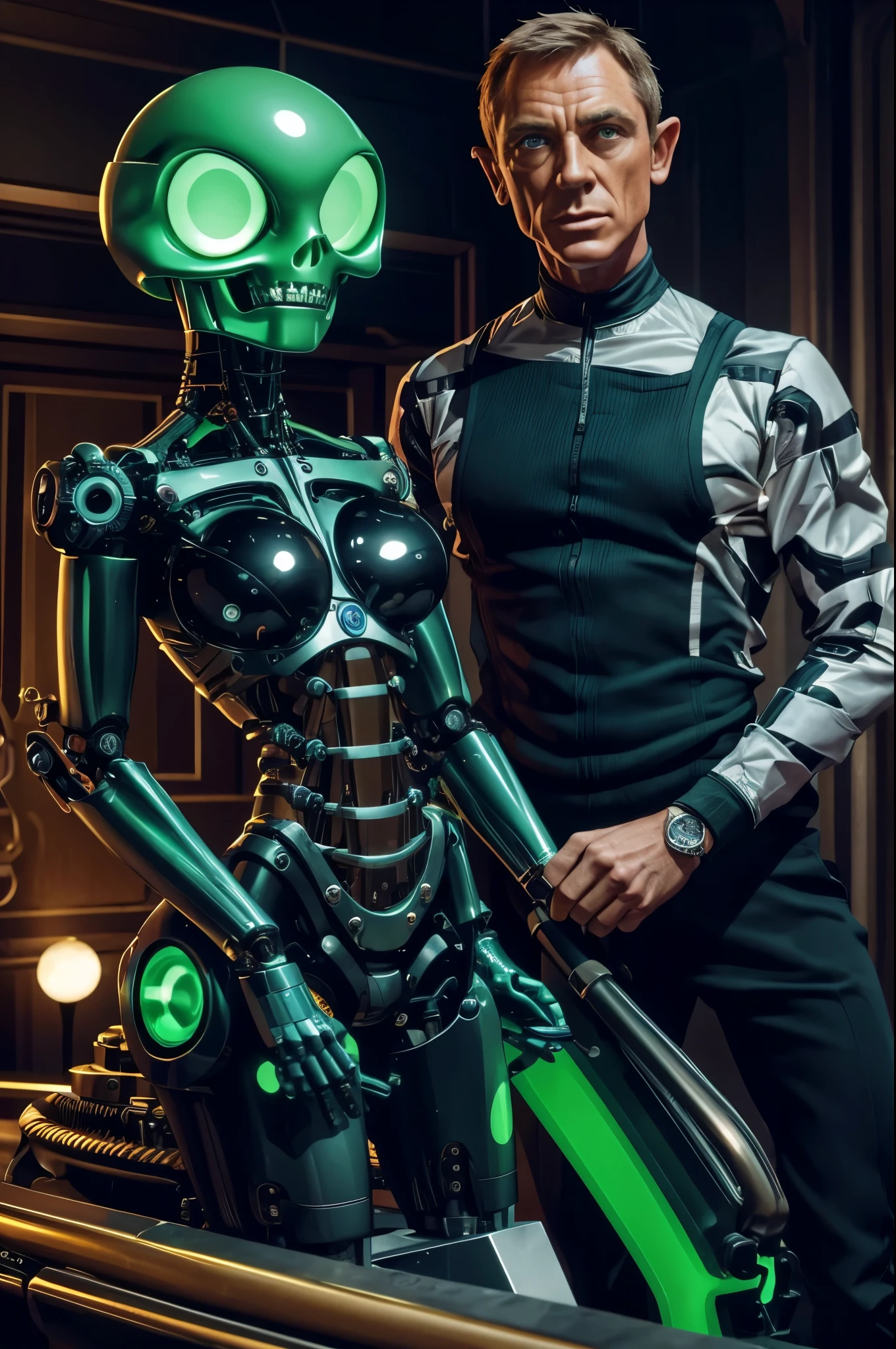 James Bond is actually a clock work robots with mechanical joints and seams, a little green alien sits in Bond's open skull operating the levers and dials to control Bond. Set in a fancy ball room