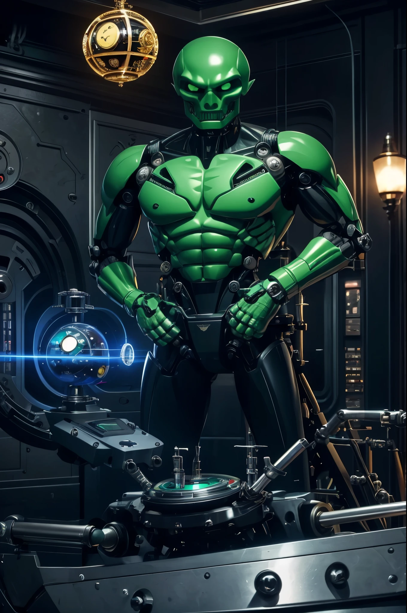 James Bond is actually a clock work robots with mechanical joints and seams, a little green alien sits in Bond's open skull operating the levers and dials to control Bond. Set in a fancy ball room