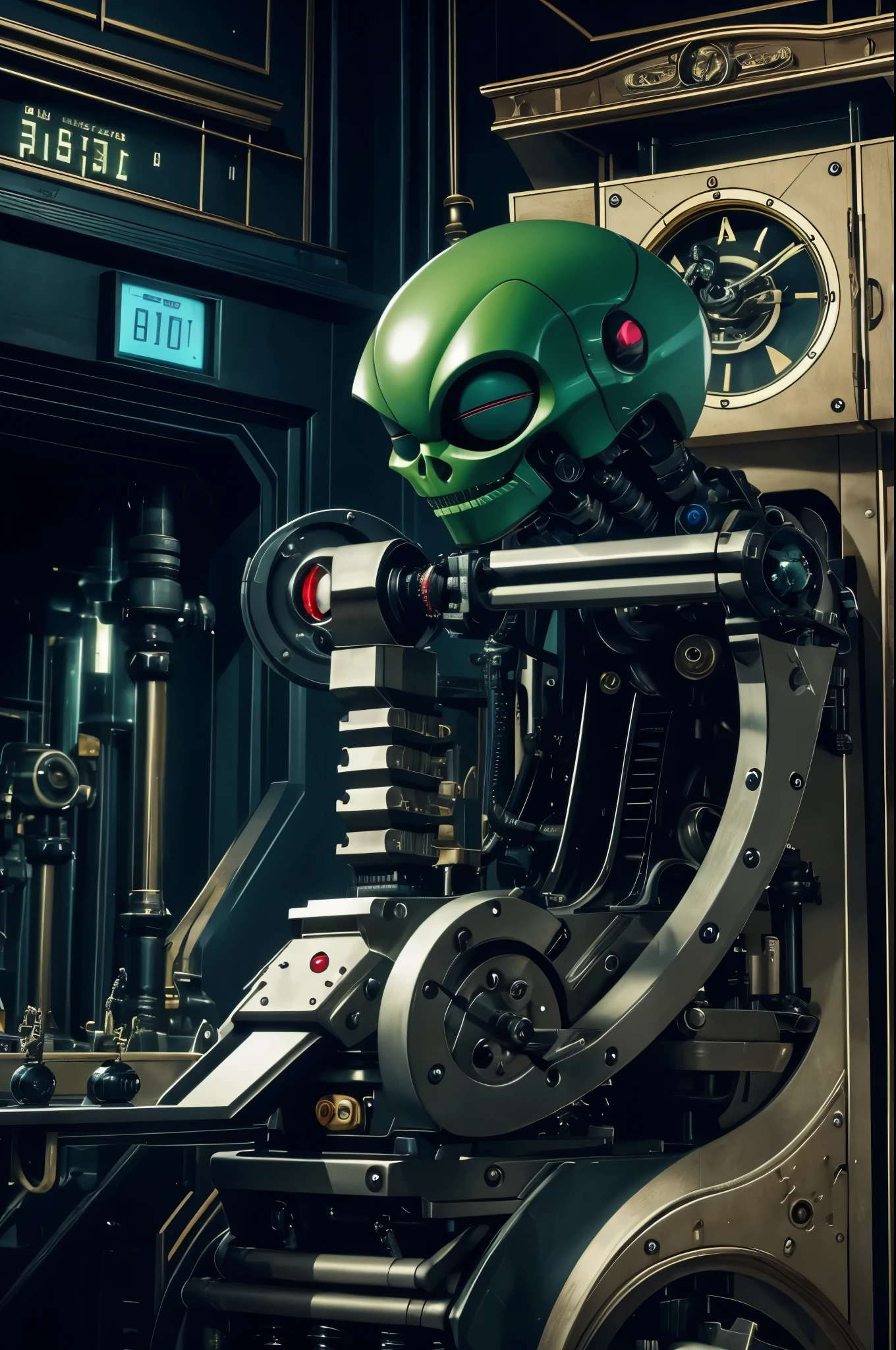James Bond is actually a clock work robots with mechanical joints and seams, a little green alien sits in Bond's open skull operating the levers and dials to control Bond. Set in a fancy ball room