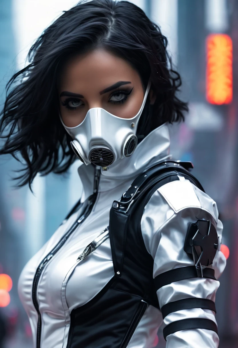 (best quality,4k,high resolution,super detailed,actual:1.37),future female agent, Detailed facial features, intense gaze, shiny black hair, gas mask, Detailed futuristic silver pistol, chrome metal corset, Shiny white rubber jumpsuit, Stylish and well-fitting, dynamic action poses, Light, futuristic city background, neon Lights, Sci-fi atmosphere, strong shadow, smoke and fog, High-tech products, 神秘的Light环