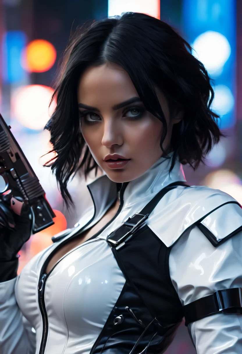 (best quality,4k,high resolution,super detailed,actual:1.37),future female agent, Detailed facial features, intense gaze, shiny black hair, gas mask, Detailed futuristic silver pistol, chrome metal corset, Shiny white rubber jumpsuit, Stylish and well-fitting, dynamic action poses, Light, futuristic city background, neon Lights, Sci-fi atmosphere, strong shadow, smoke and fog, High-tech products, 神秘的Light环