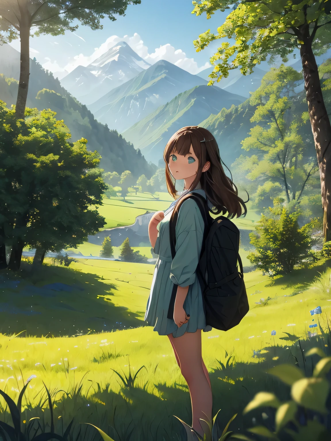 In a green meadow stands a girl with blue eyes and brown hair having a picnic.
RUPTURE Avec une expression courageuse, elle les guide vers leur destination.
POUR RUPTURE Derrière elle, a green forest&#39;extends, and beyond that, les montagnes s&#39;rise far away.
POUR RUPTURE L&#39;effet le plus approprié pour cette scène serait une technique de peinture à l&#39;aquarelle pour capturer la douceur de la prairie et la fluidité du mouvement..

