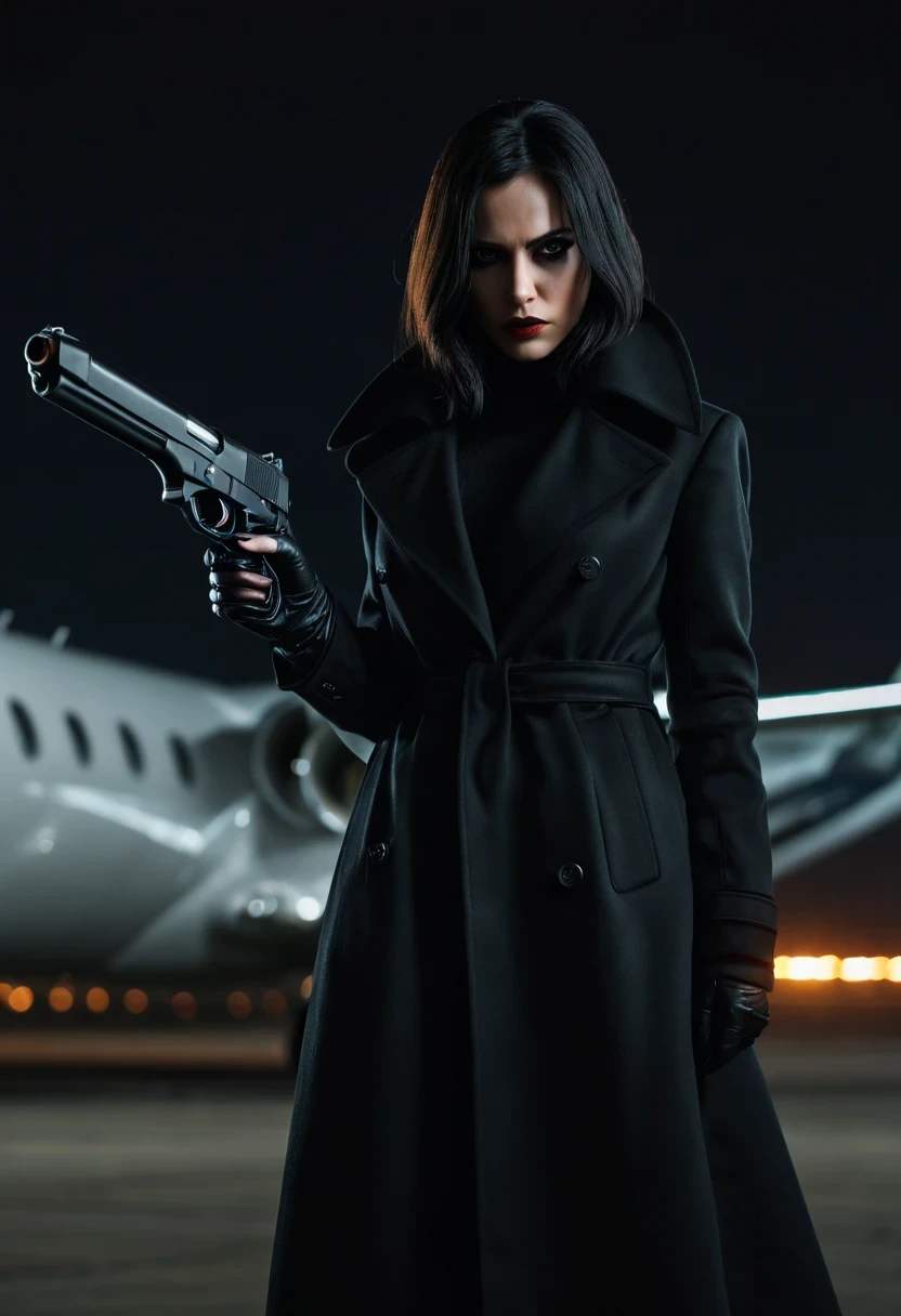 (Extremely detailed 8k wallpaper), dark theme, vampre the masquerade, proxy topic, modern horror, actual, 2020s,beautiful female agent, Wear an elegant black coat, holding a gun, sharp focus, (subsurface scattering:1.1), Winning photo, Full body image:1.1, black hair, black eyes:1.2, Serious, Scary expression, In the airport shed at night, Close to private jets, dramatic lighting