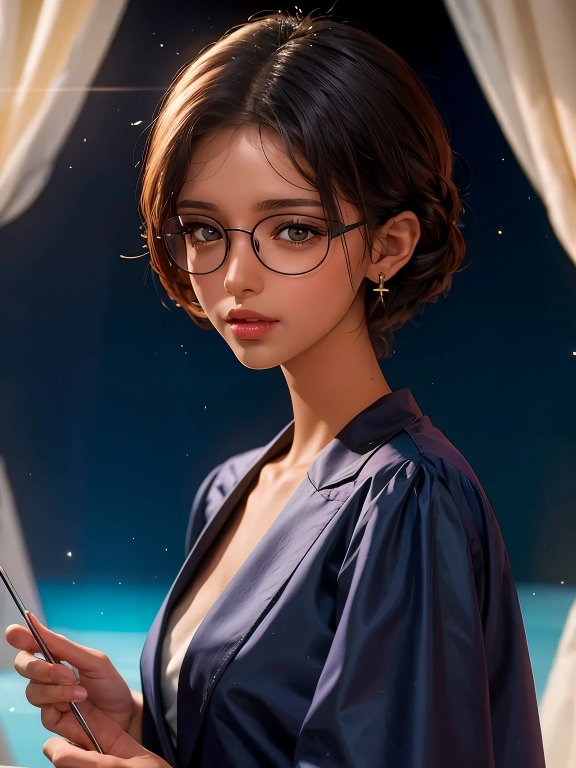 (masterpiece, best quality:1.2),Mafia background super detailed, （（（Holding a needle）））1 girl, alone,Exquisite hair color，short hair，( Wear conservative dress, black tie:1.2),glowing skin，A lot of sweat(  very dark skin 1.2)，wear glasses，earrings（（（nervous expression）））blush，mysterious atmosphere，pink lips，