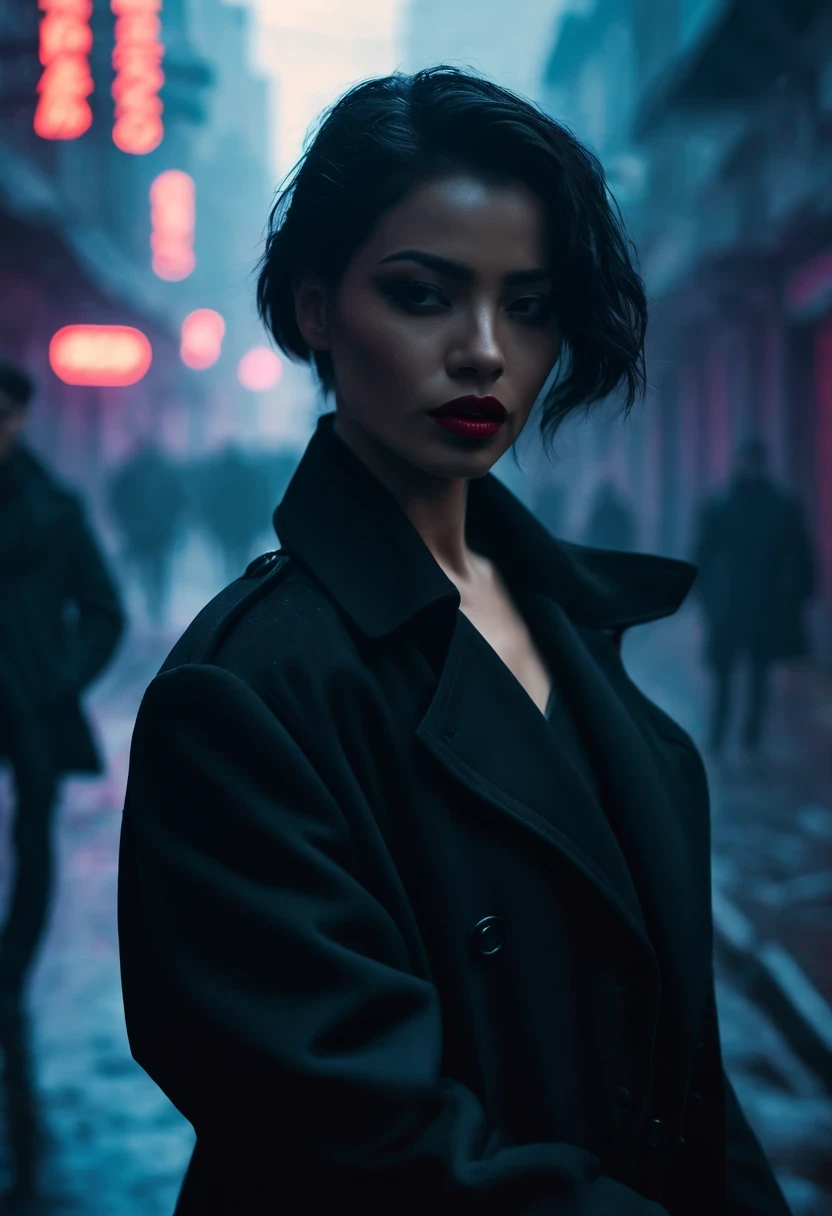An agent walks down the street，Outlook. Wear an elegant black coat. his lips tightly closed，Eyes are nervous. holding a gun, The situation is dangerous and serious. colored. hazy atmosphere. An atmosphere full of mystery and intrigue. cyberpunk,