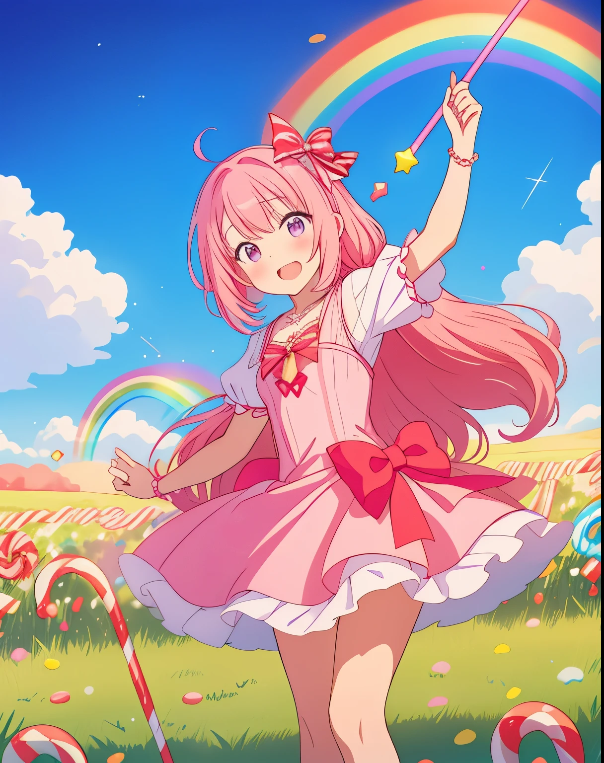 Wat, lots of candy, gumdrop, candycanes, rainbow, candy, (a field of candy), 1 girl, queen of sugar, pink dress, a Sceptor of candy
