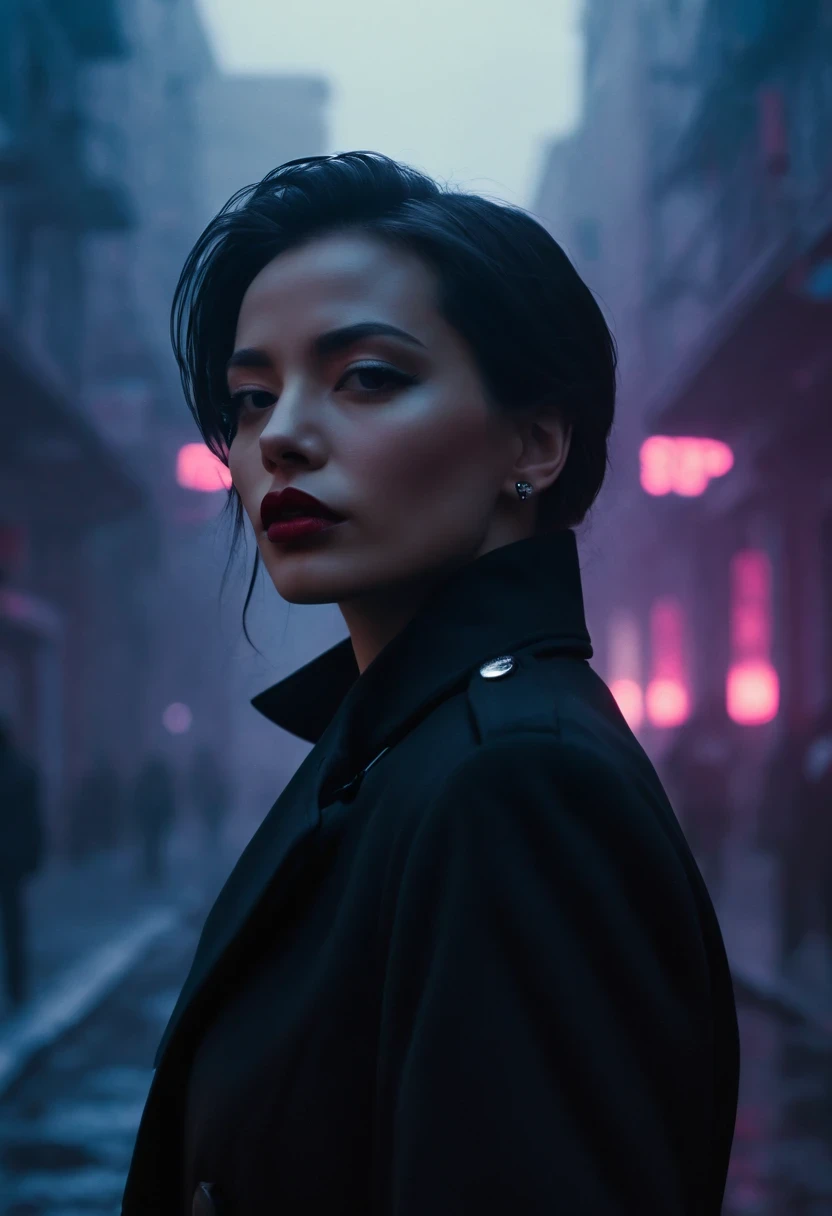 Female agent walking on the street,Outlook. Wear an elegant black coat. her lips tightly closed,Eyes are nervous. The situation is dangerous and serious. colored. hazy atmosphere. An atmosphere full of mystery and intrigue. cyberpunk,