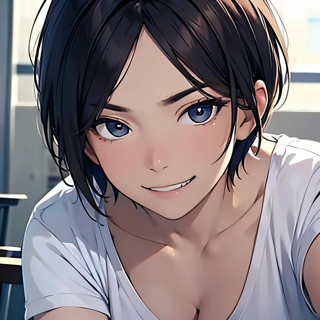 masterpiece, High resolution, High Definition CG Unity 8K,realistic, RAW photo, beautiful and detailed face, detailed hair texture, beautiful face, anatomically correct,
thin, flat chest, black hair, (very short hair), amount, (flowing bangs), (Sly eyes),
(White solid V-neck T-shirt),
(convenience store,),
(blush your nose:0.8),(grumpy:1.2),(grin and laugh:1.0),
(leaning forward),(look away:1.0),(Close up of cleavage:1.4),