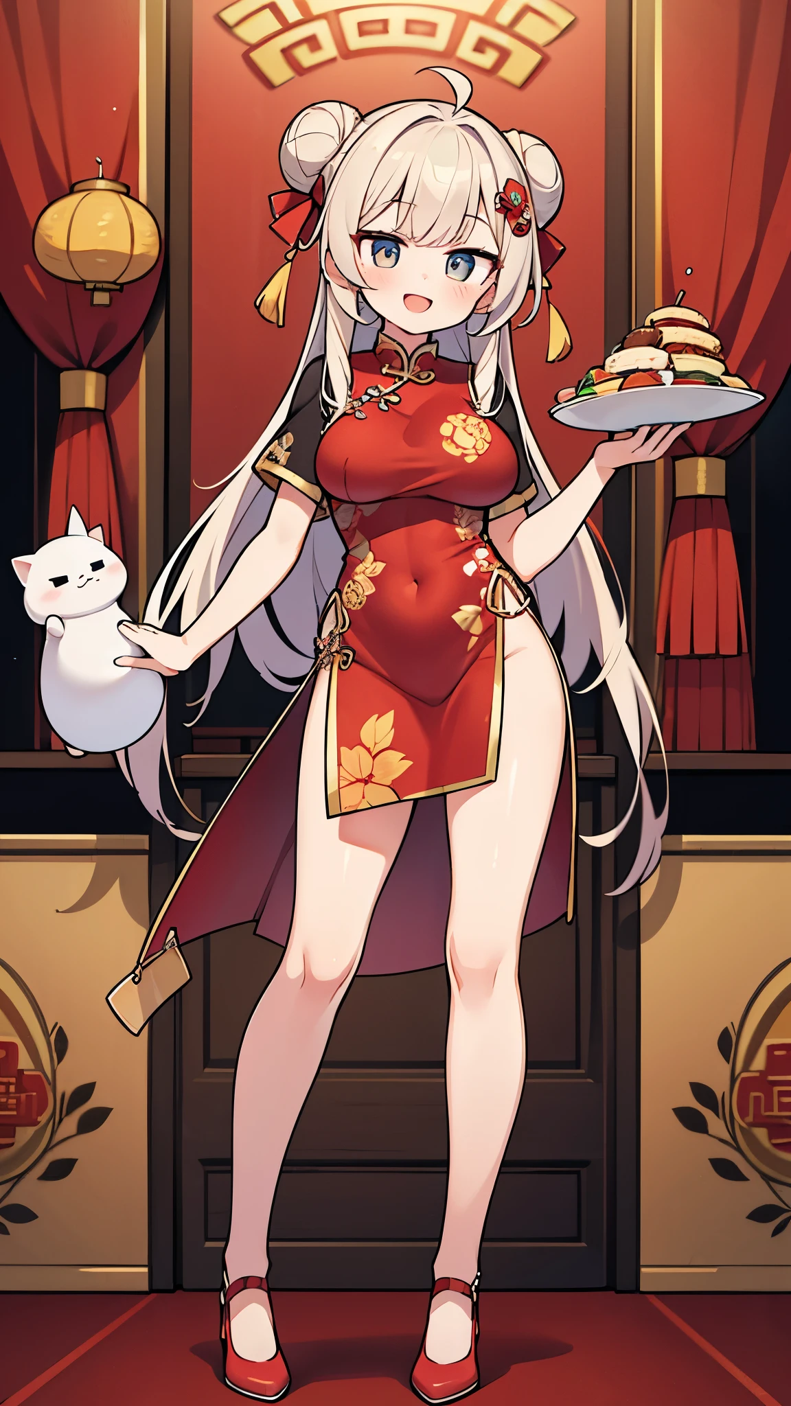 Exotic furry cartoon, oriental character, 1girl, breasts, tail, animal ears, solo, fox ears, fox tail, dress, skindentation, cheongsam, from the side, big breasts, blush, white background, fox girl, looking viewer, bare shoulders, short hair, animal ear fluff, food, simple background, cheongsam, cowboy shot, removed sleeves, hair ornament, Red dress, long sleeves, buttocks