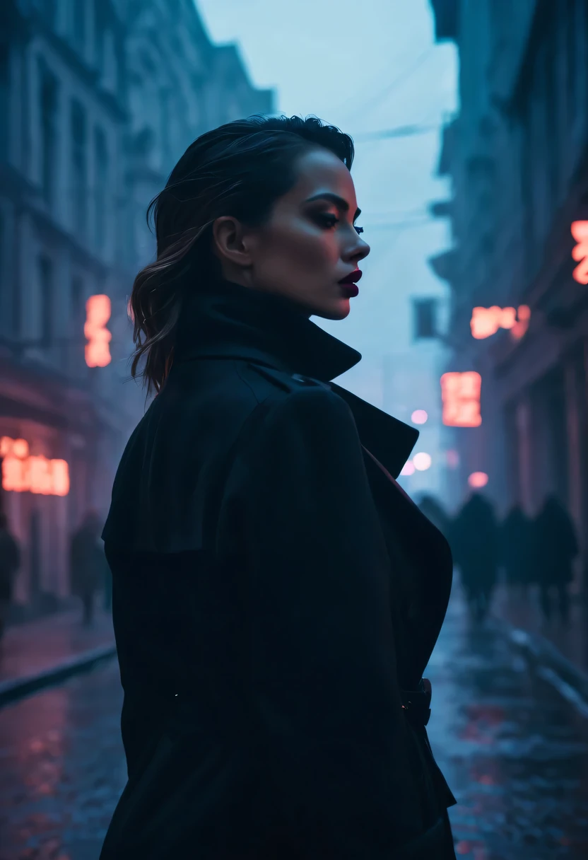 Female agent walking on the street,Outlook. Wear an elegant black coat. her lips tightly closed,Eyes are nervous. The situation is dangerous and serious. colored. hazy atmosphere. An atmosphere full of mystery and intrigue. cyberpunk,