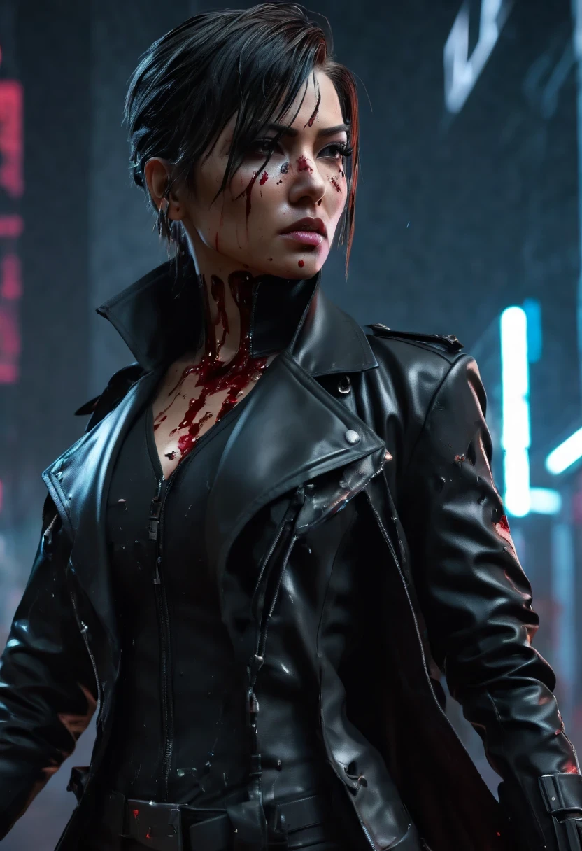 sh4g0d风格赛博朋克女特工,Wear an elegant black coat,(Strong dynamic stance:1.5),(struggle:1.3),(blood spatter),Strong,His face is very determined, 8k, super detailed, precise, best quality