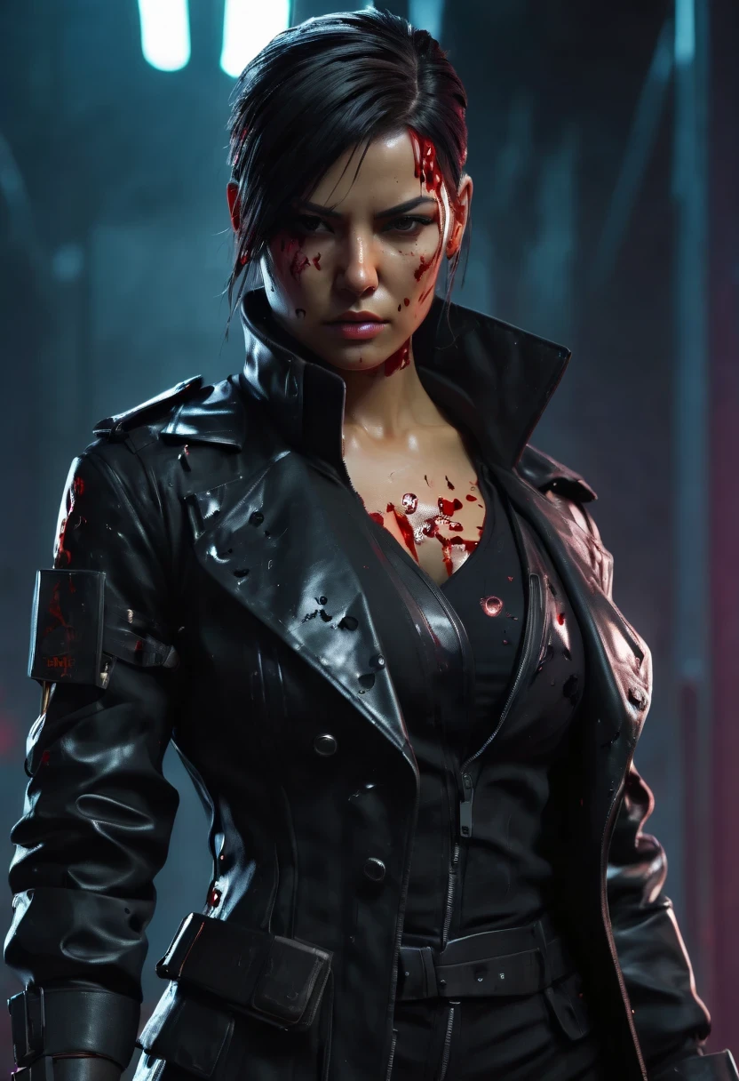 sh4g0d风格赛博朋克女特工,Wear an elegant black coat,(Strong dynamic stance:1.5),(struggle:1.3),(blood spatter),Strong,His face is very determined, 8k, super detailed, precise, best quality