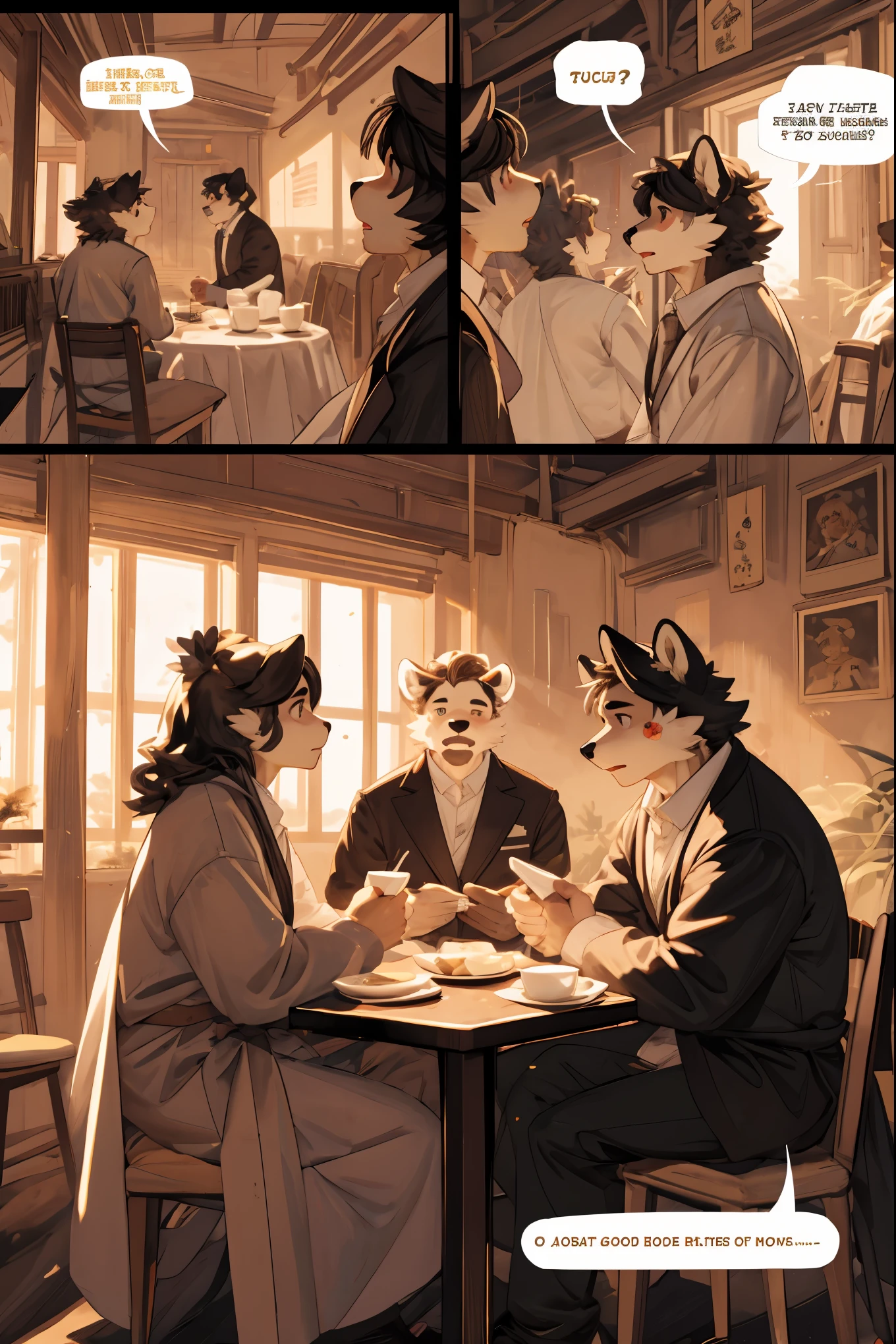 top quality, best quality, highres, masterpiece, super high resolution, detailed background, Casual reutaurant interior, part-time job, waiter, 6+boys, 6+girls, absurdres(highly detailed beautiful face and eyes)perfect anatomy, good lighting, cinematic shadow(kemono, furry anthro)assorted expressions, assorted poses, assorted angles, full body, upper shot, dynamic angle(girls comic-like panel layouts, speech balloon, English text, Hand-drawn sound effects stickers used in girls comic),