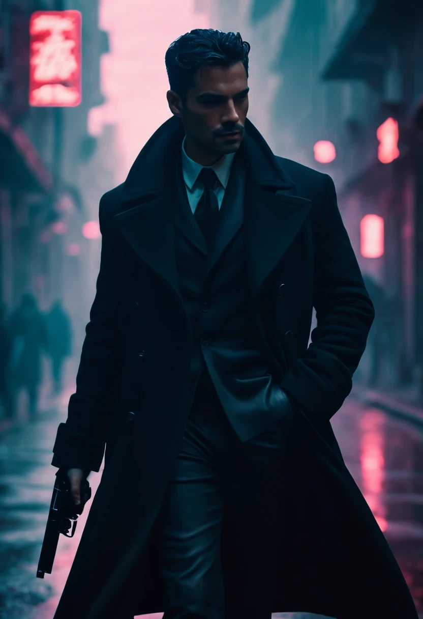 An agent walks down the street，Outlook. Wear an elegant black coat. his lips tightly closed，Eyes are nervous. holding a gun, The situation is dangerous and serious. colored. hazy atmosphere. An atmosphere full of mystery and intrigue. cyberpunk,