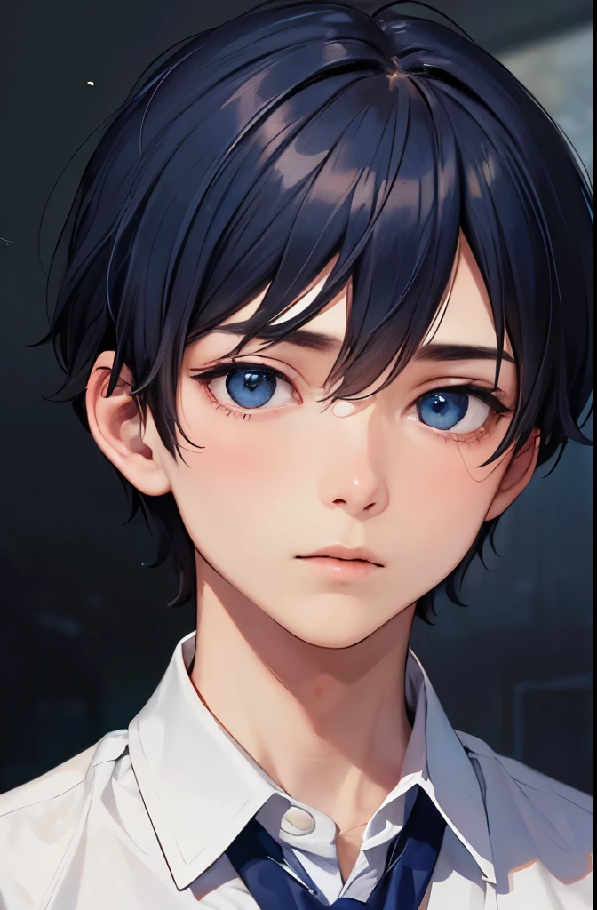 european boy portrait,alone,20 years,beautiful face,medium cut, dark blue hair, sharp focus,white clothes,dark blue eyes,beautiful and delicate face,long term,from the front,facing this way