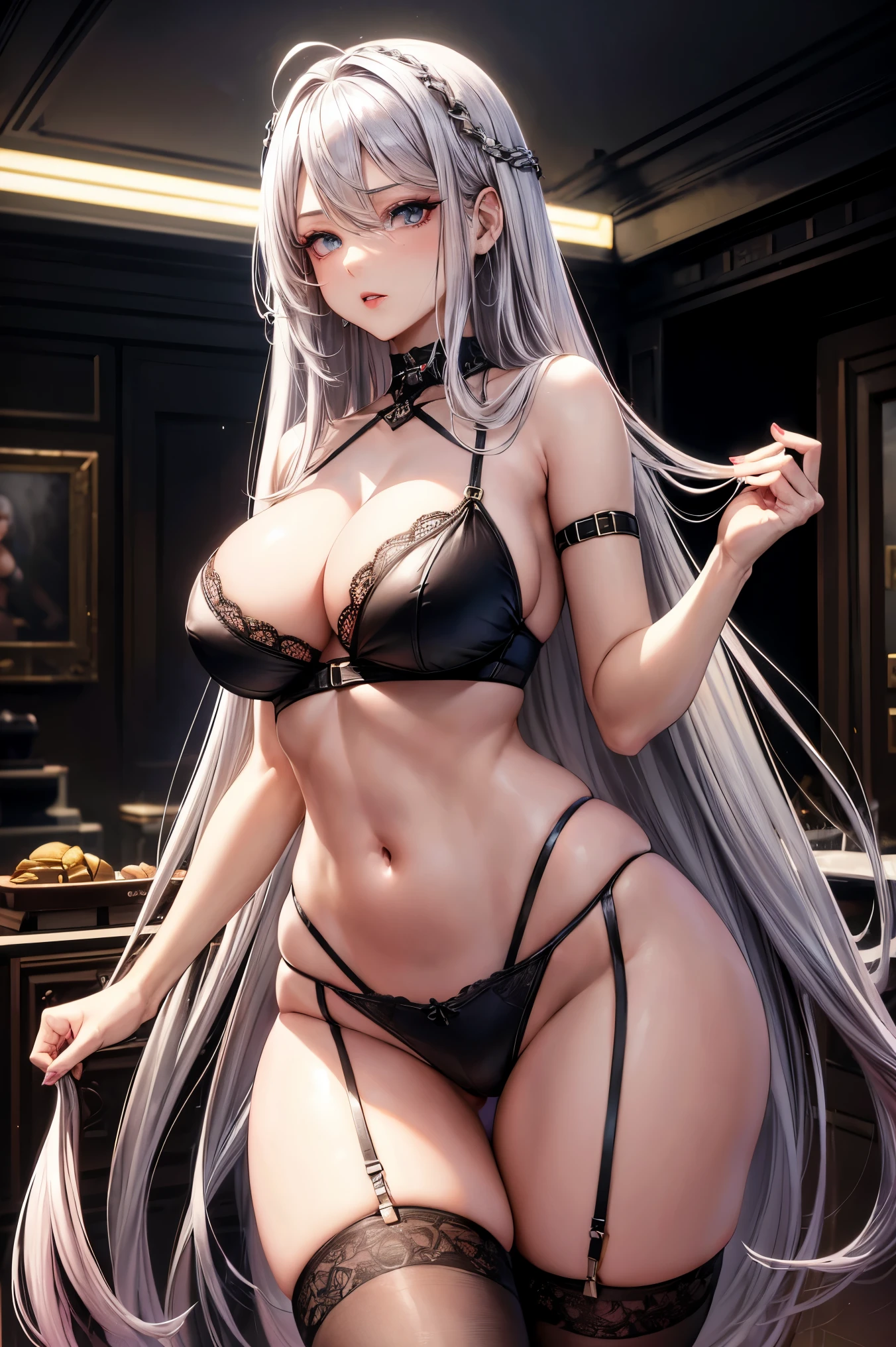 masterpiece, best quality, 1girl, solo, (silver hair:1.3), (light pink hair:1.2), narrow waist, (slim:1.2), (large breasts:1.2), thick thighs, wide hips, straight hair, forehead, (gradient hair:1.3), blue eyes, standing, long hair, looking at viewer, female, tall female, thigh strap, (eyeliner:1.2), eyeshadow, (street:1.2), indoors, bedroom, luxury, upper body, black lingerie, navel, midriff, cleavage, curvy, (very long hair:1.1), stockings, cinematic lighting, dutch angle, red lipstick, large butt, harmonious body structure, beautiful woman, sexy, 