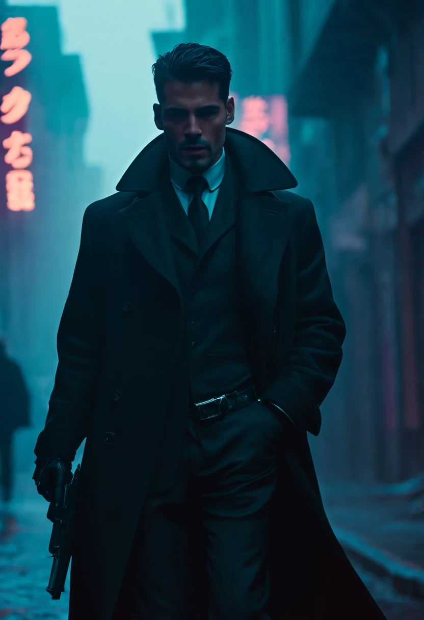 An agent walks down the street,Outlook. Wear an elegant black coat. his lips tightly closed,Eyes are nervous. holding a gun, The situation is dangerous and serious. colored. hazy atmosphere. An atmosphere full of mystery and intrigue. cyberpunk,