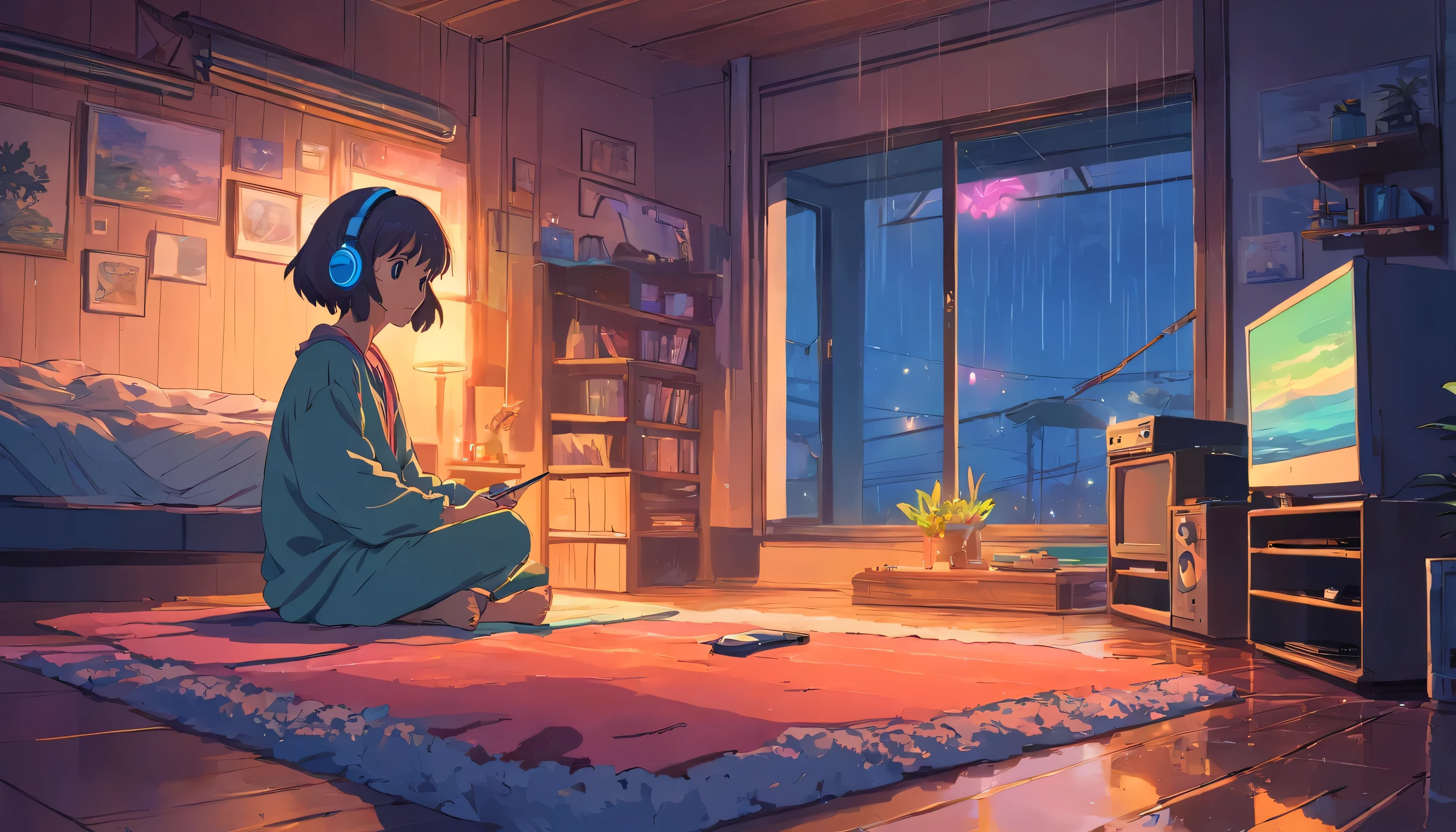 Girl sitting and listening to music in cozy room at night, Using Headphones, аниме style 2d, Lo-fi, HDD, dark environment,, Brown hair, Black eyes, dark skin, 12 years , Westindo Mind pajamas grew up without shopping European hippie girl meditating in her room, dream, Wear headphones, Night light, Neon landscape on a rainy day, Analog color theme, Lo-fi hip-hop , retrospective, flat, 2.5D ,Draw a line, Ink drawing, Big gradient, watercolor painting, Gush color, Studio Ghibli Style, Stunningly colorful, External ton, Krautlock, lofi art, 70&#39;style,Old textures, amplitude,psychedelic atmosphere, table, Incredible technology,Girl listening to music in cozy room at night, Use headphones, anime in 2D style, I understand, HDD, dark environment